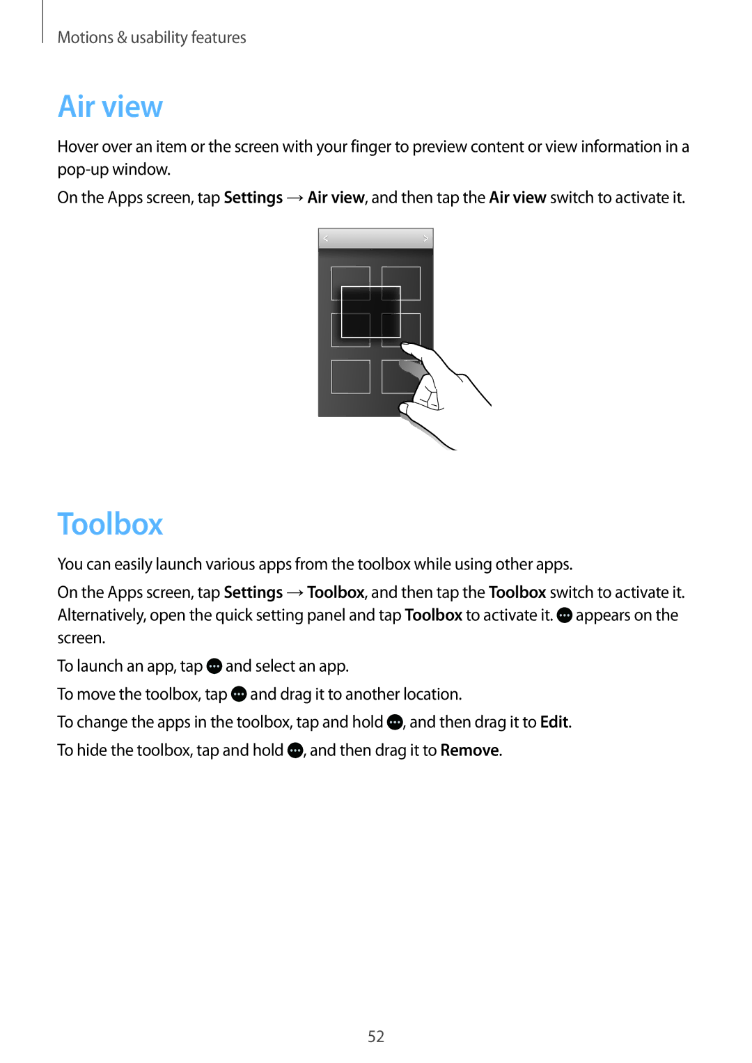 Samsung SM-G800FZBAHUI, SM-G800FZWADBT, SM-G800FZDADBT, SM-G800FZKADBT, SM-G800FZBADBT, SM-G800FZKASFR manual Air view, Toolbox 