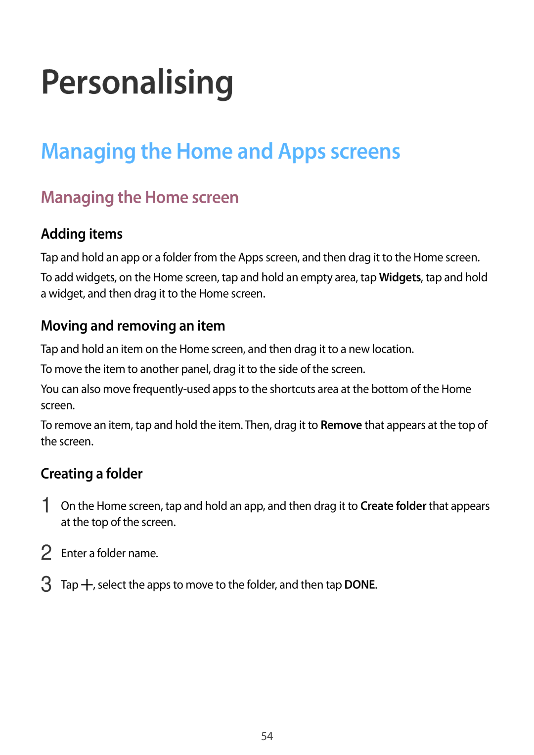 Samsung SM-G800FZKAPHE, SM-G800FZWADBT manual Personalising, Managing the Home and Apps screens, Managing the Home screen 