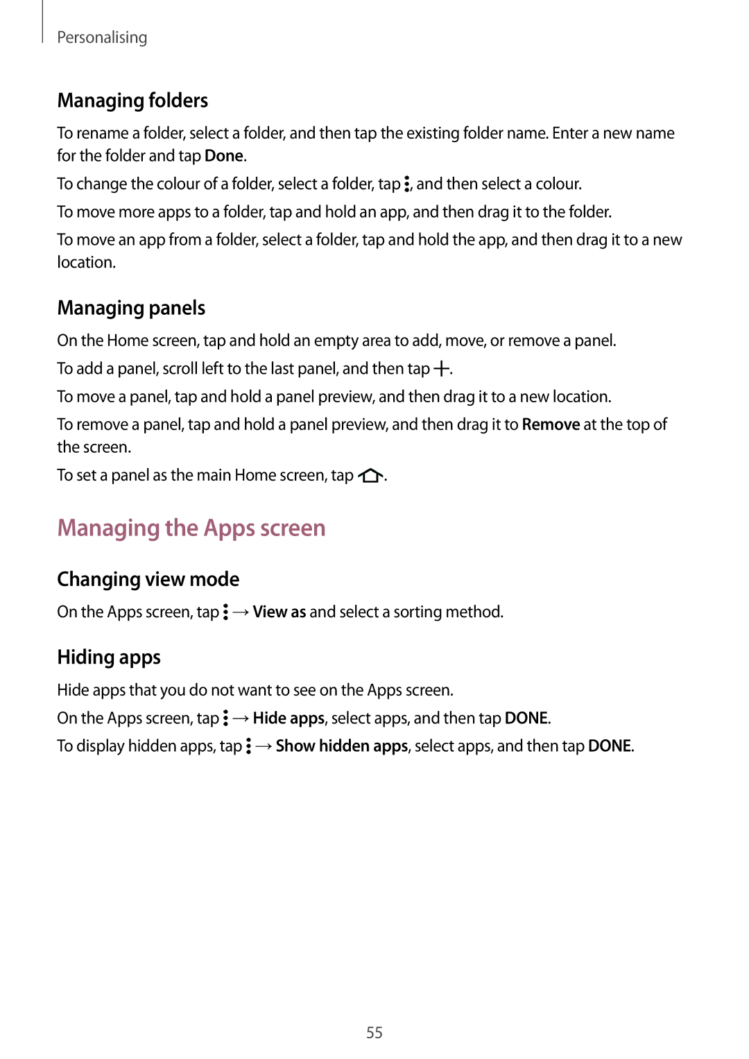 Samsung SM-G800FZKAETL manual Managing the Apps screen, Managing folders, Managing panels, Changing view mode, Hiding apps 