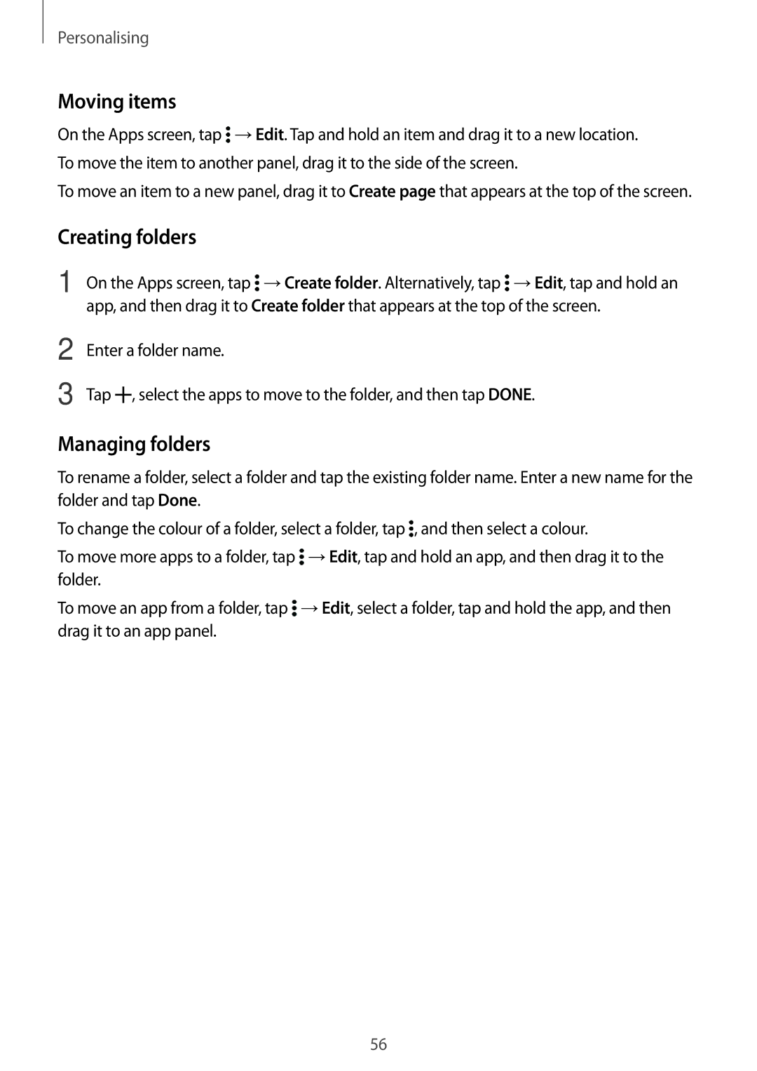 Samsung SM-G800FZBAPHE, SM-G800FZWADBT, SM-G800FZDADBT, SM-G800FZKADBT, SM-G800FZBADBT manual Moving items, Creating folders 