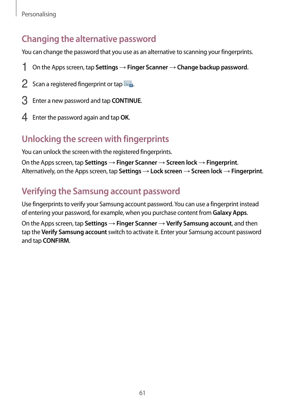 Samsung SM-G800FZDASEE, SM-G800FZWADBT manual Changing the alternative password, Unlocking the screen with fingerprints 