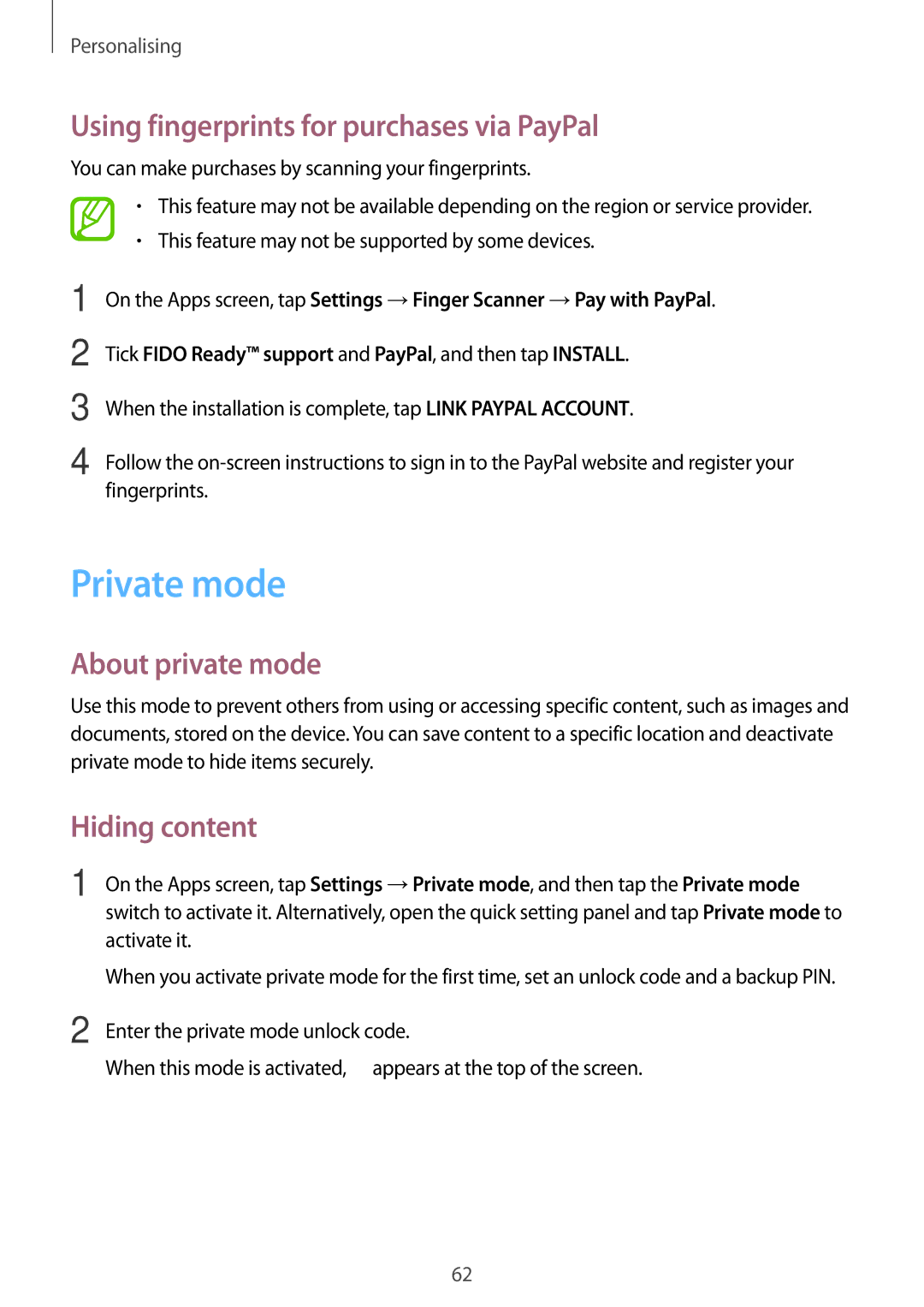 Samsung SM-G800FZDAAVF manual Private mode, Using fingerprints for purchases via PayPal, About private mode, Hiding content 