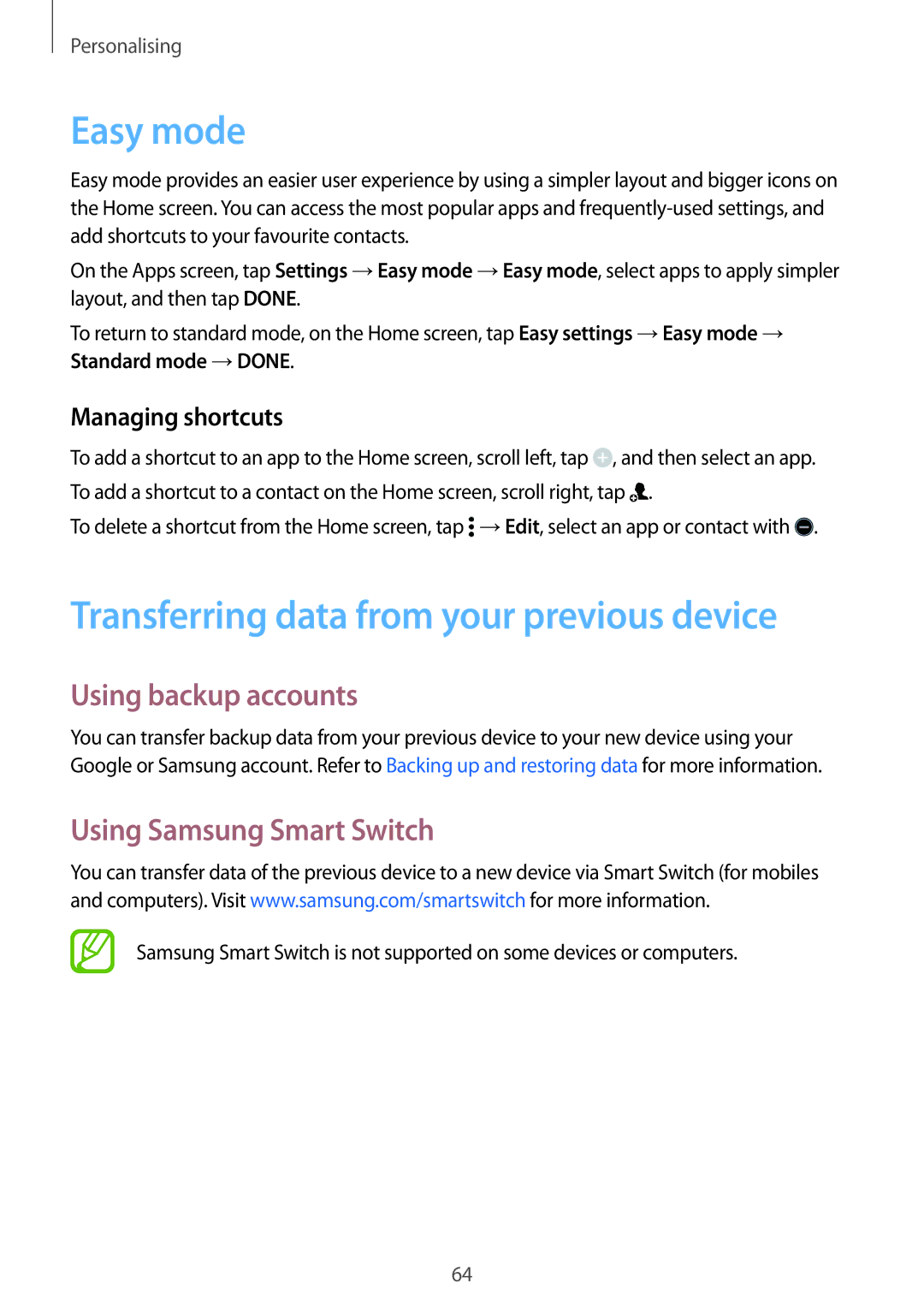 Samsung SM-G800FZWATOP Easy mode, Transferring data from your previous device, Using backup accounts, Managing shortcuts 