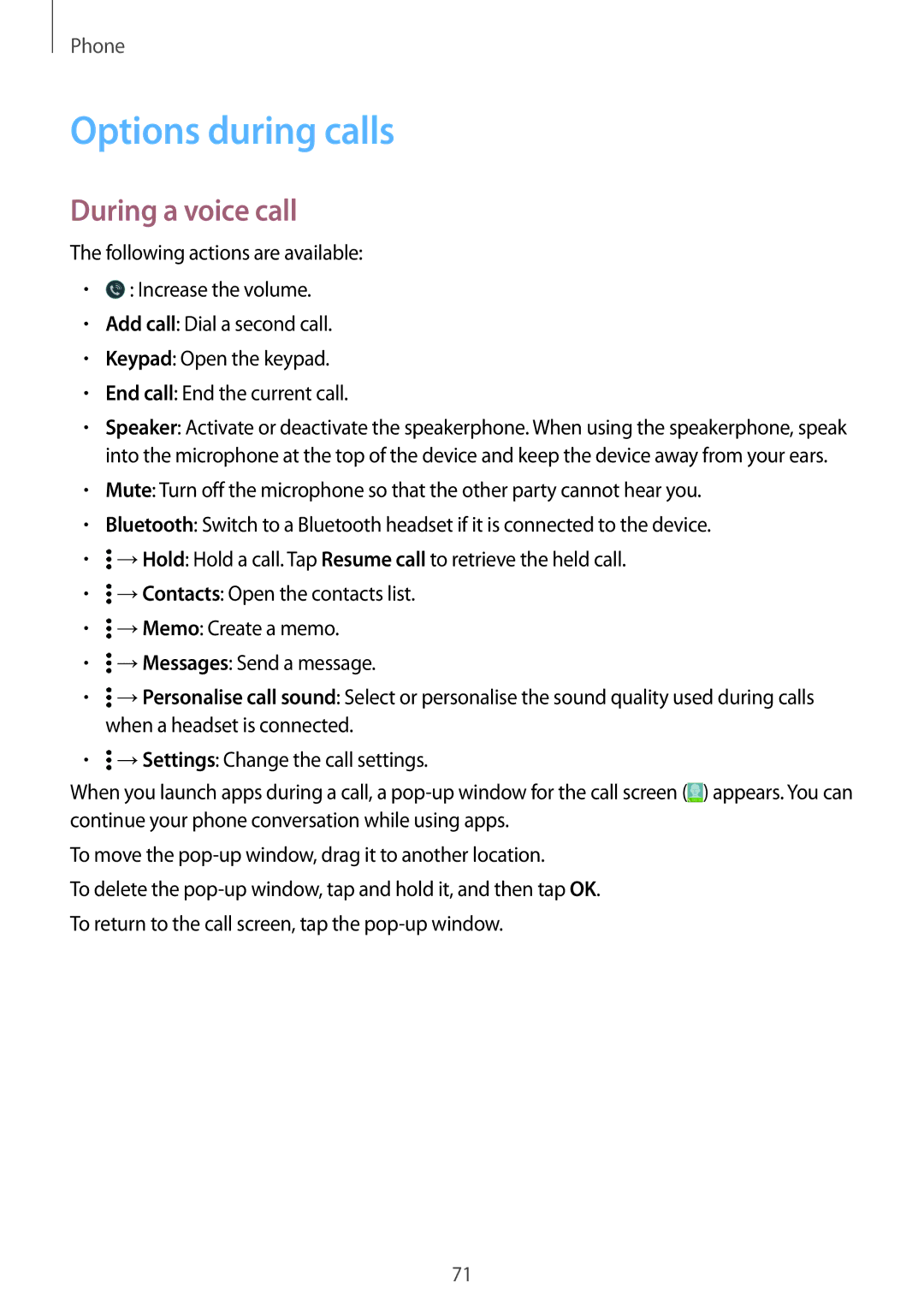 Samsung SM-G800FZKAMTL, SM-G800FZWADBT, SM-G800FZDADBT, SM-G800FZKADBT manual Options during calls, During a voice call 