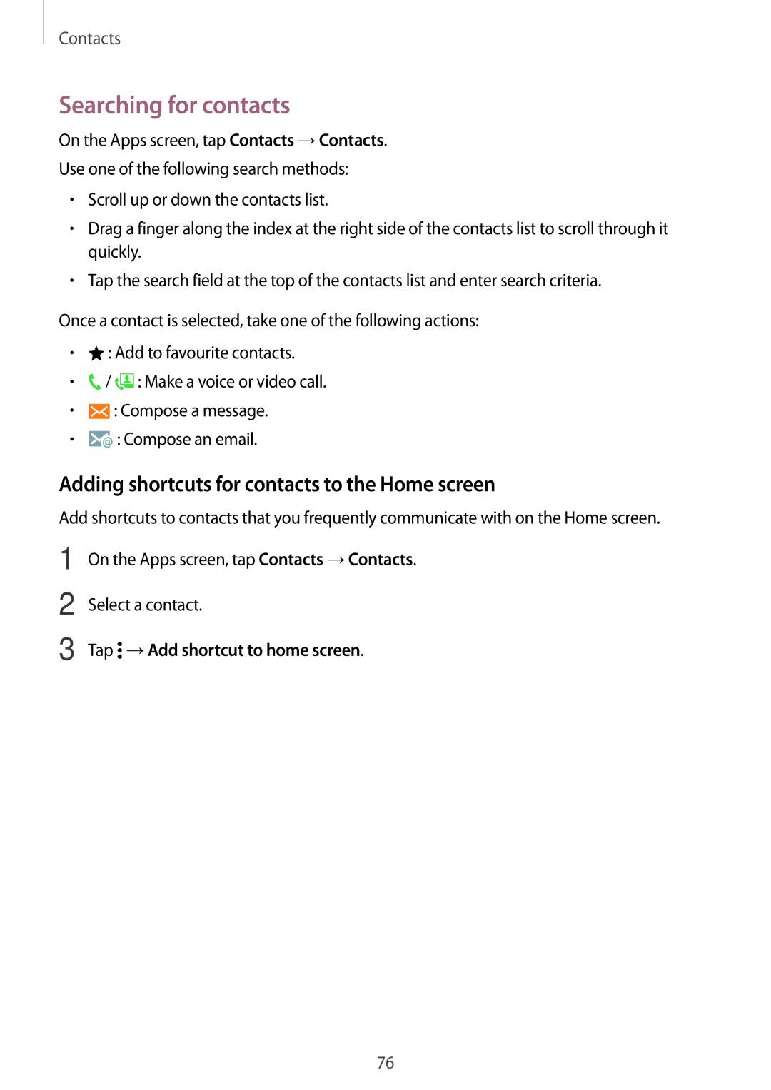 Samsung SM2G800FZDAMTL, SM-G800FZWADBT manual Searching for contacts, Adding shortcuts for contacts to the Home screen 