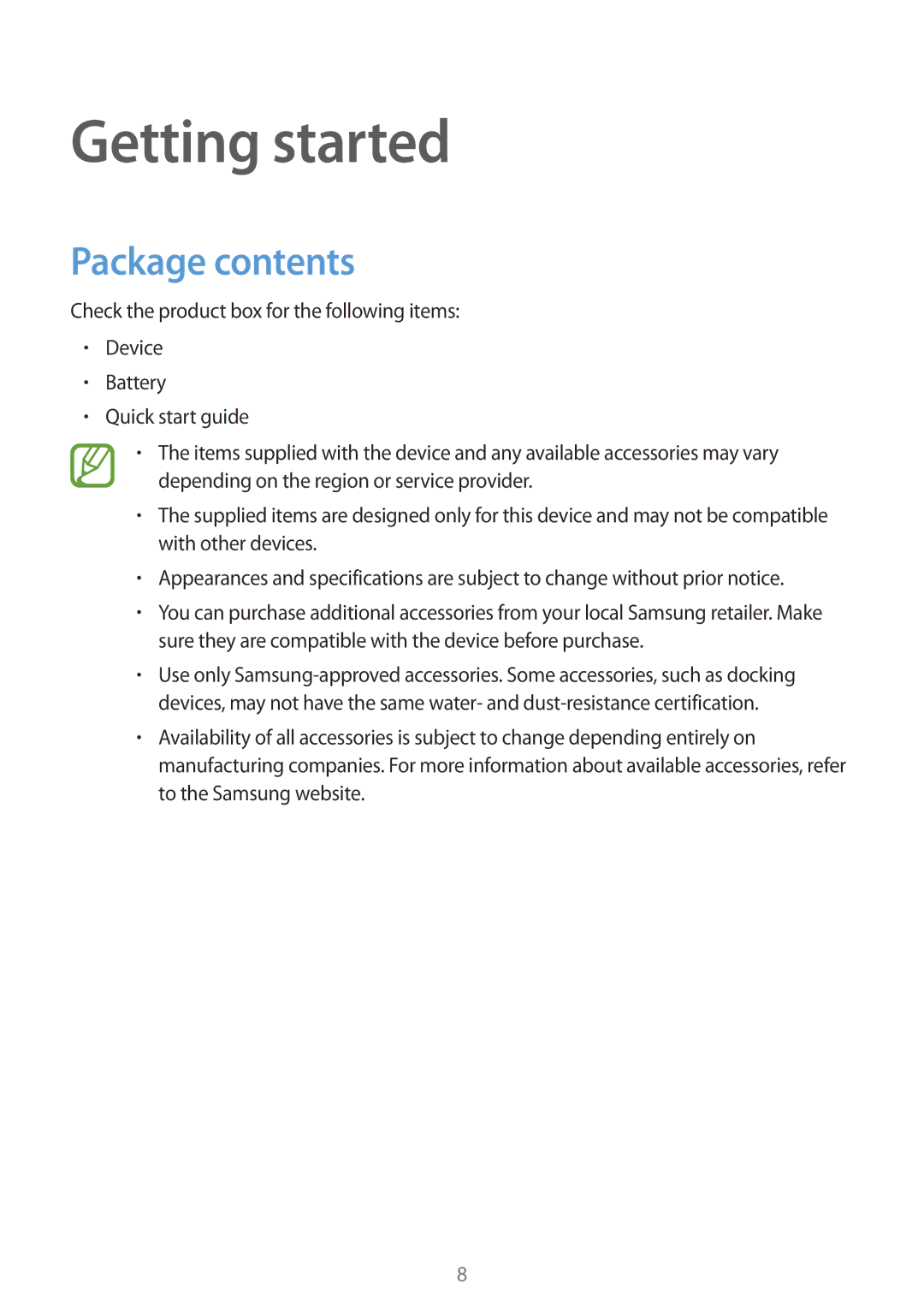 Samsung SM-G800FZKABOG, SM-G800FZWADBT, SM-G800FZDADBT, SM-G800FZKADBT, SM-G800FZBADBT manual Getting started, Package contents 