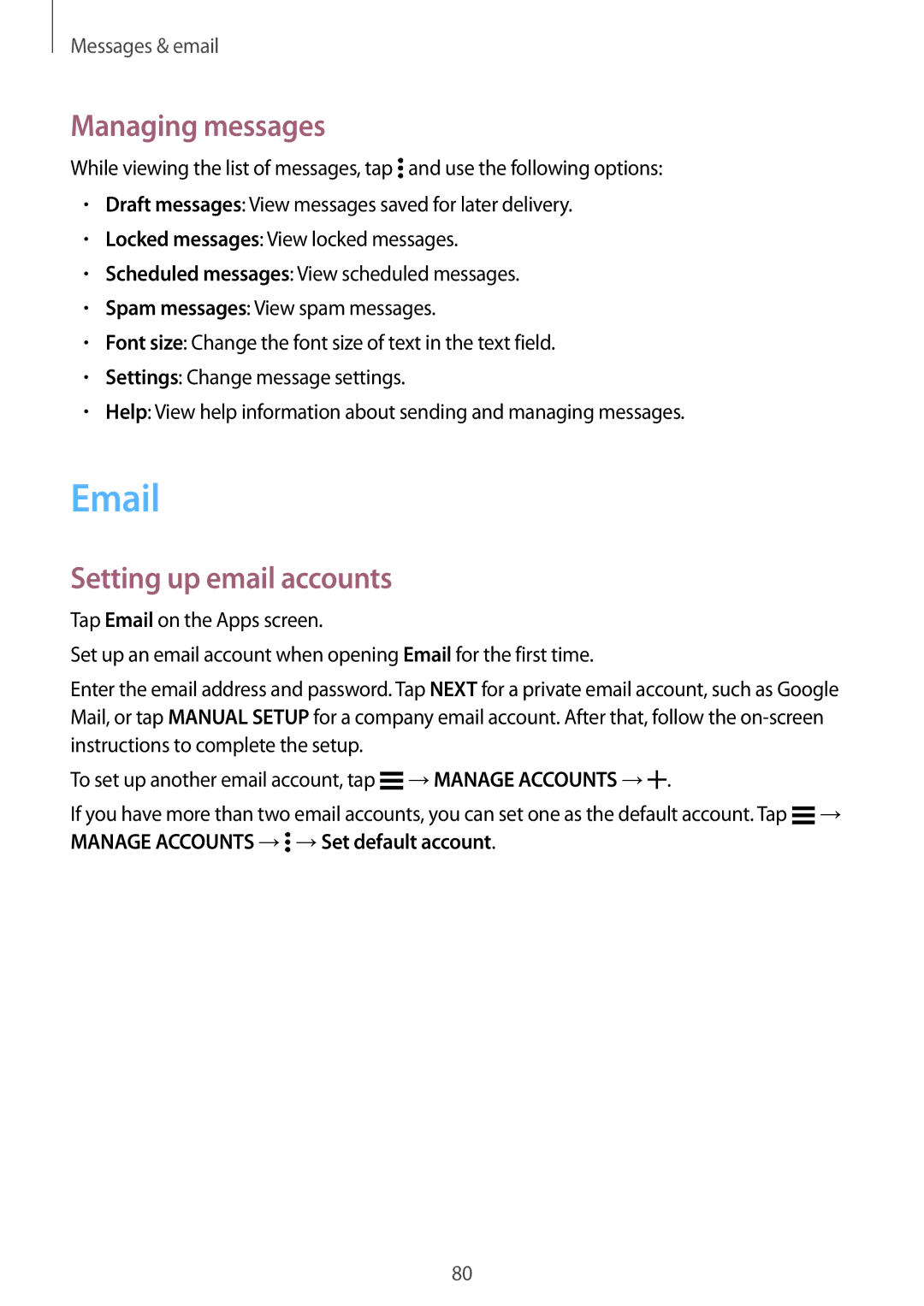 Samsung SM2G800FZKABGL, SM-G800FZWADBT, SM-G800FZDADBT, SM-G800FZKADBT manual Managing messages, Setting up email accounts 