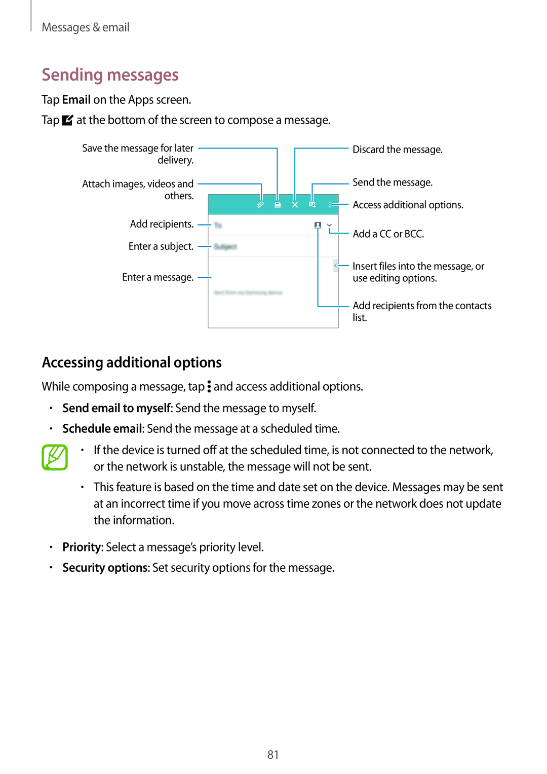 Samsung SM2G800FZWAMTL, SM-G800FZWADBT, SM-G800FZDADBT, SM-G800FZKADBT manual Sending messages, Accessing additional options 