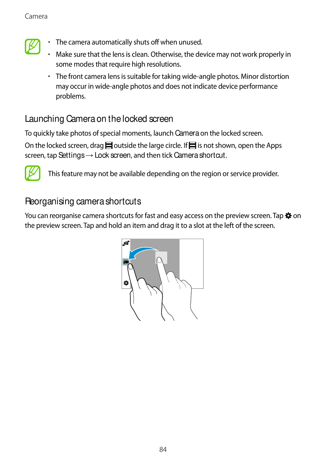 Samsung SM2G800FZDABGL, SM-G800FZWADBT, SM-G800FZDADBT Launching Camera on the locked screen, Reorganising camera shortcuts 