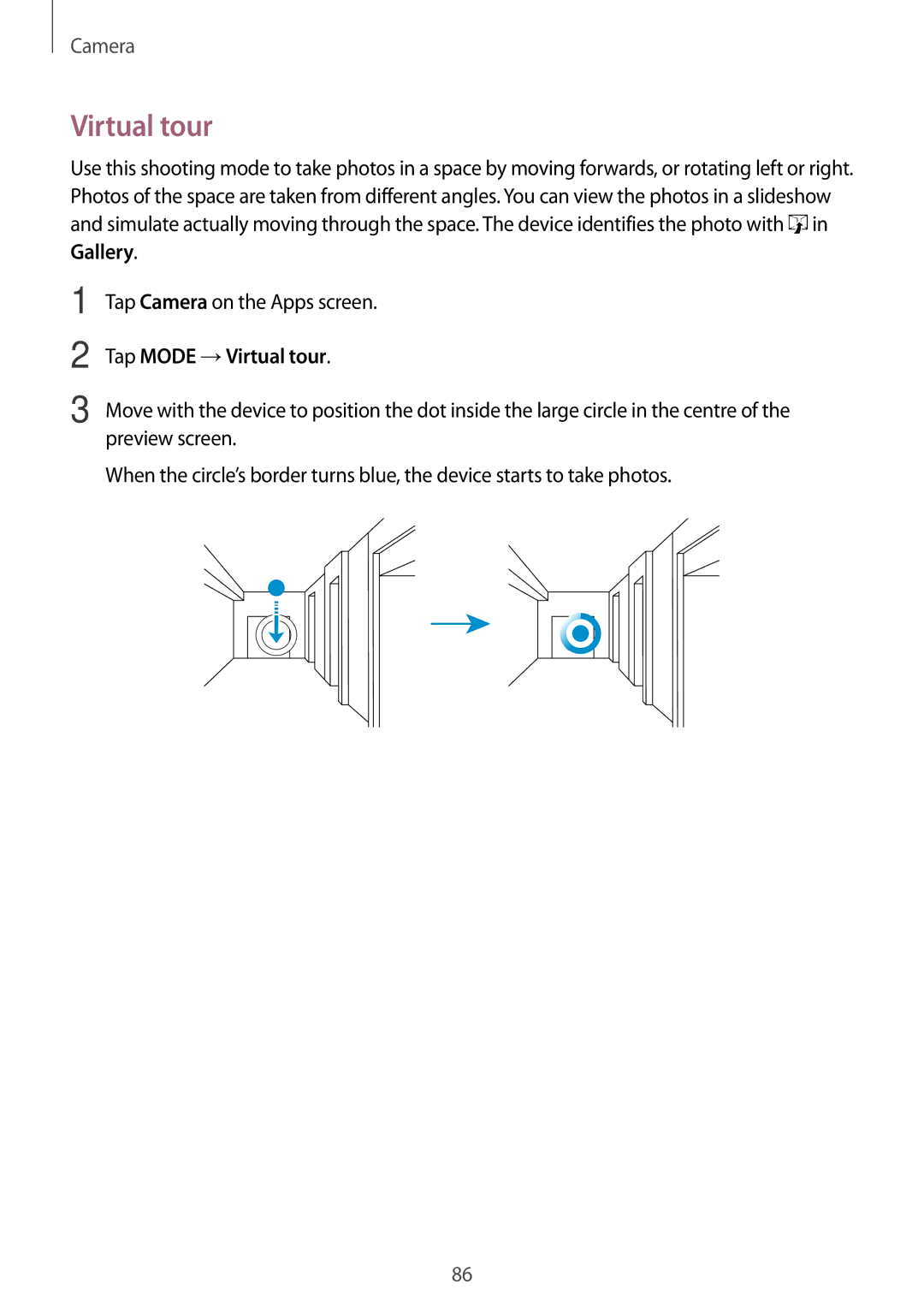 Samsung SM-G800FZWAMTL, SM-G800FZWADBT, SM-G800FZDADBT, SM-G800FZKADBT, SM-G800FZBADBT manual Tap Mode →Virtual tour 