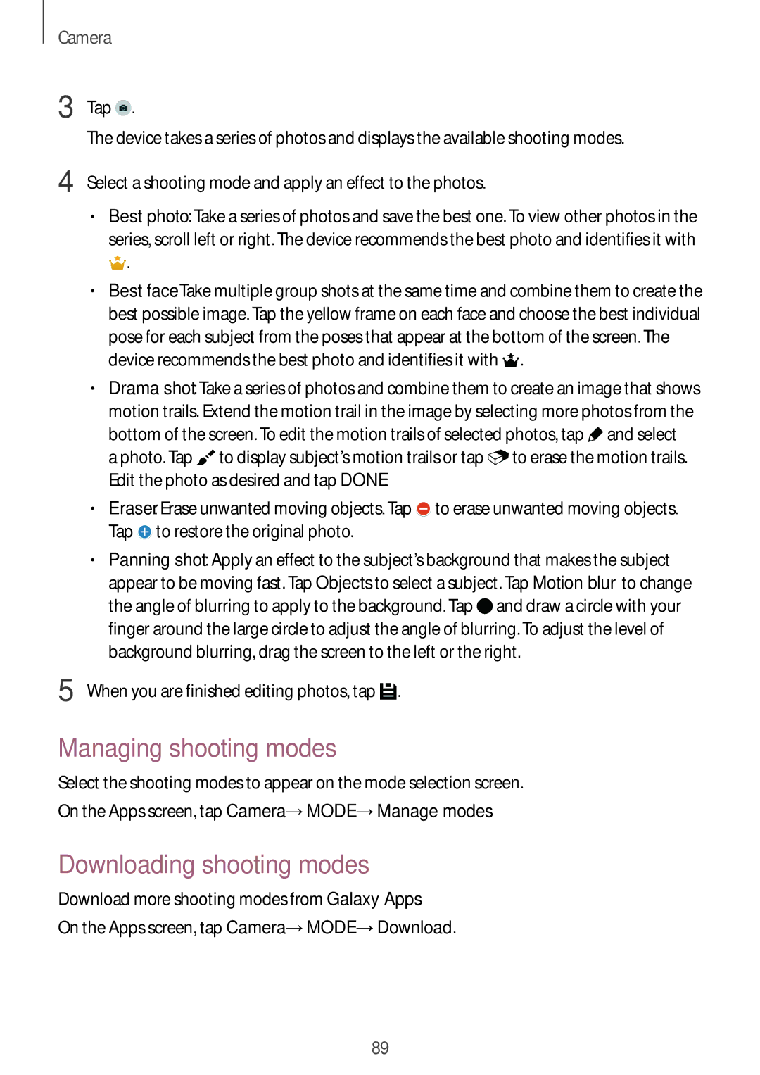 Samsung SM-G800FZDAMTL, SM-G800FZWADBT, SM-G800FZDADBT, SM-G800FZKADBT Managing shooting modes, Downloading shooting modes 