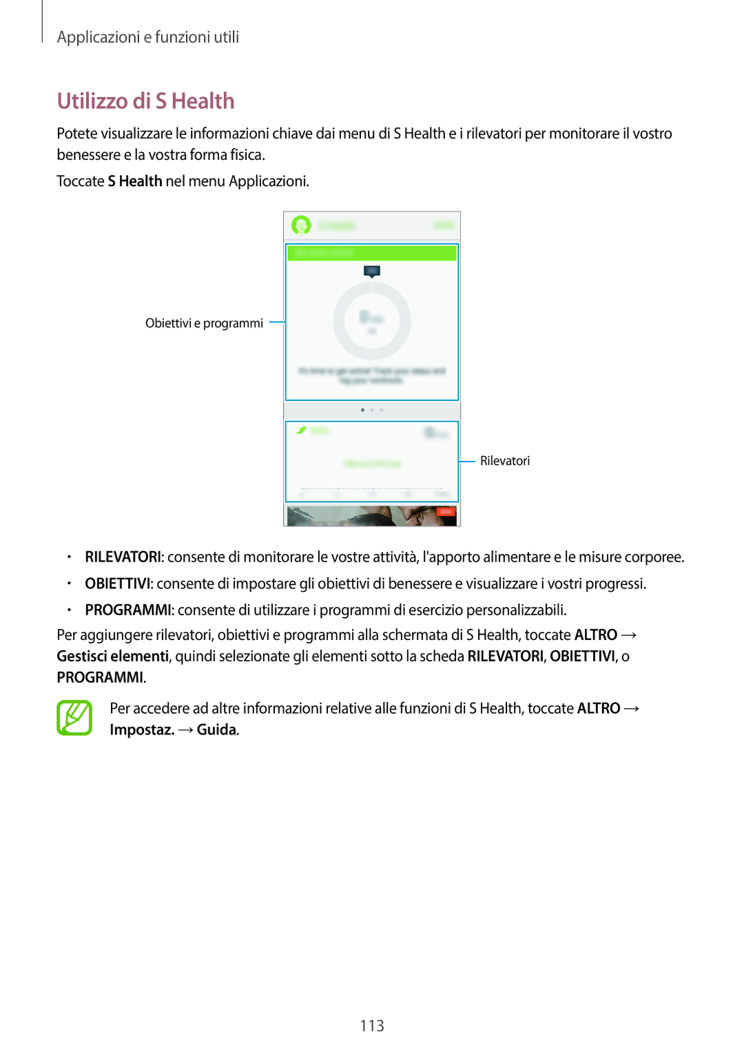 Samsung SM-G800FZKAPRO, SM-G800FZWADBT, SM-G800FZDADBT, SM-G800FZKADBT, SM-G800FZBADBT manual Utilizzo di S Health, Programmi 