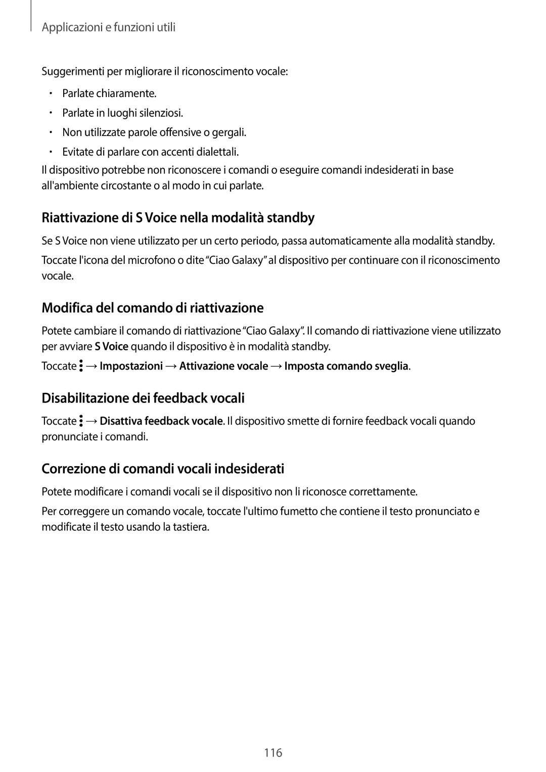 Samsung SM-G800FZWASWC manual Riattivazione di S Voice nella modalità standby, Modifica del comando di riattivazione 