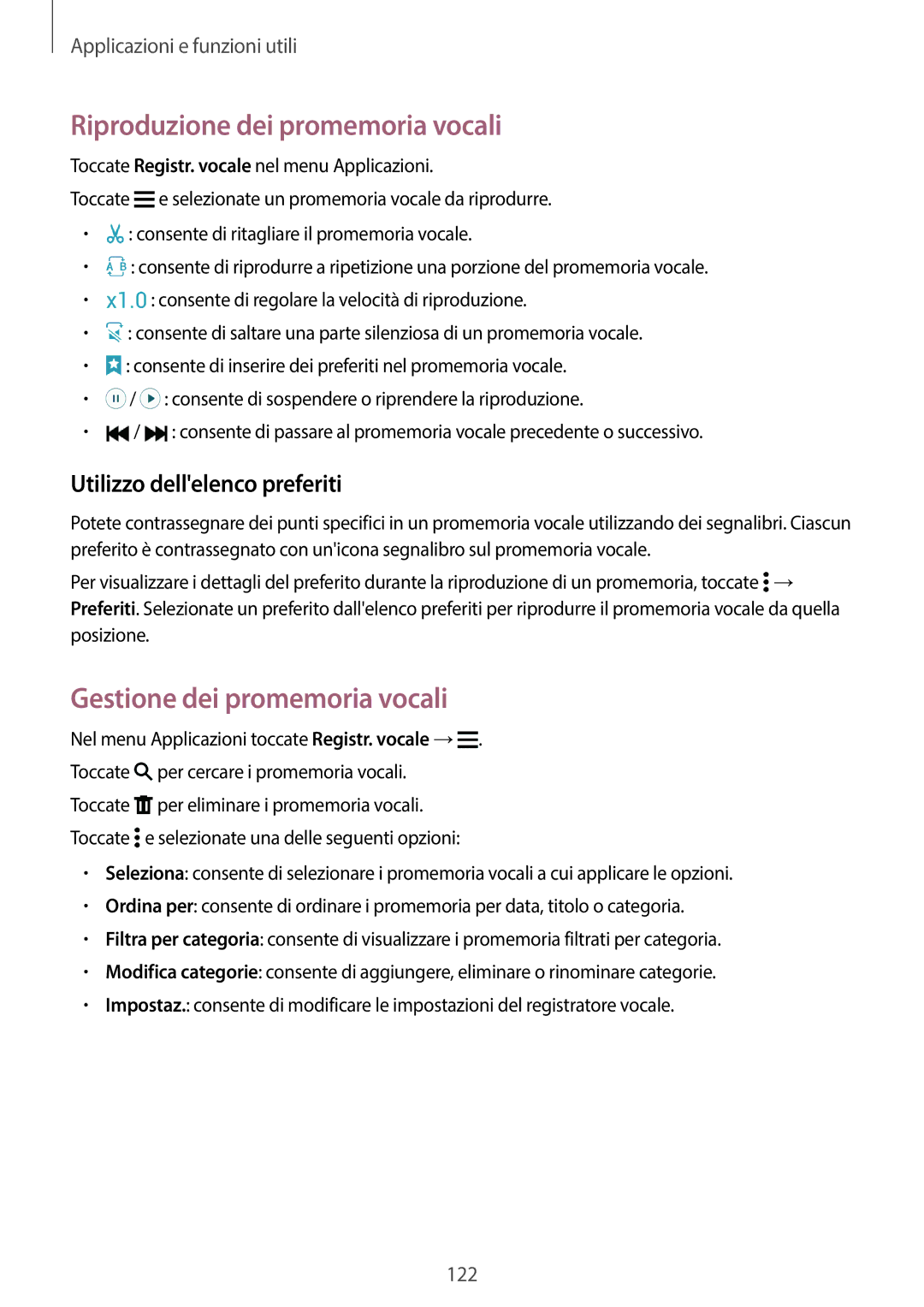 Samsung SM-G800FZWAXEO Riproduzione dei promemoria vocali, Gestione dei promemoria vocali, Utilizzo dellelenco preferiti 