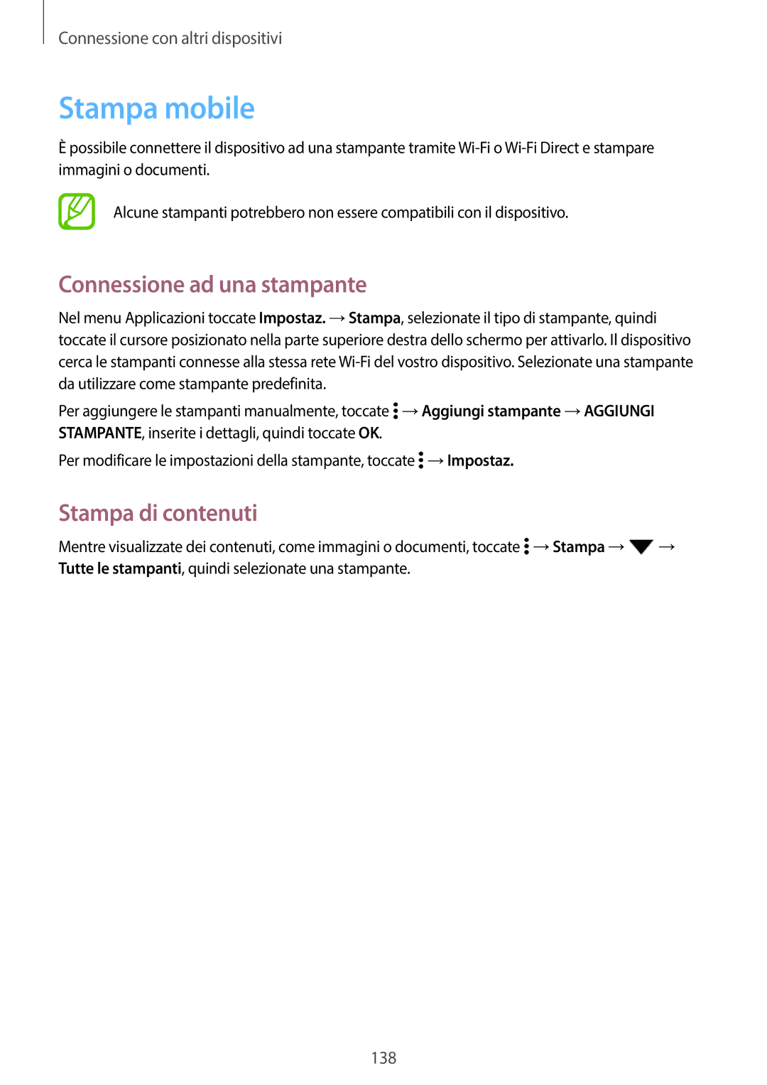 Samsung SM-G800FZBATIM, SM-G800FZWADBT, SM-G800FZDADBT Stampa mobile, Connessione ad una stampante, Stampa di contenuti 