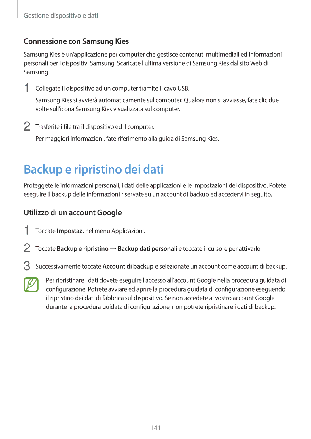 Samsung SM-G800FZDAROM manual Backup e ripristino dei dati, Connessione con Samsung Kies, Utilizzo di un account Google 