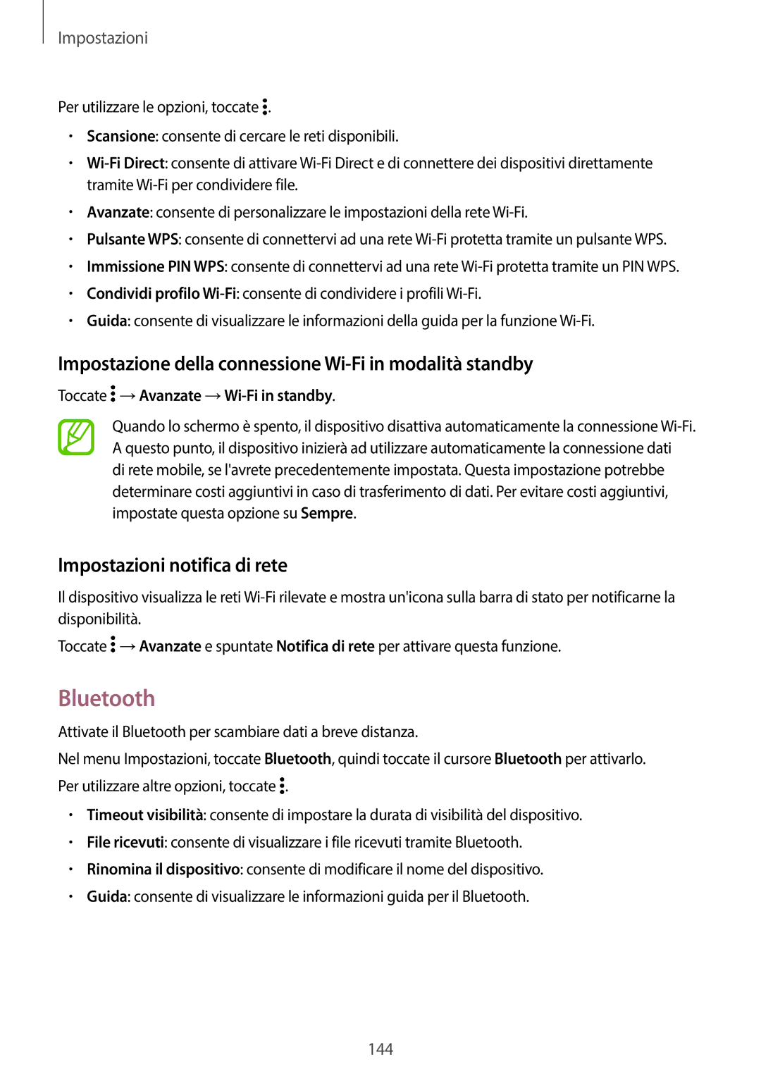 Samsung SM-G800FZDAXEO Bluetooth, Impostazione della connessione Wi-Fi in modalità standby, Impostazioni notifica di rete 