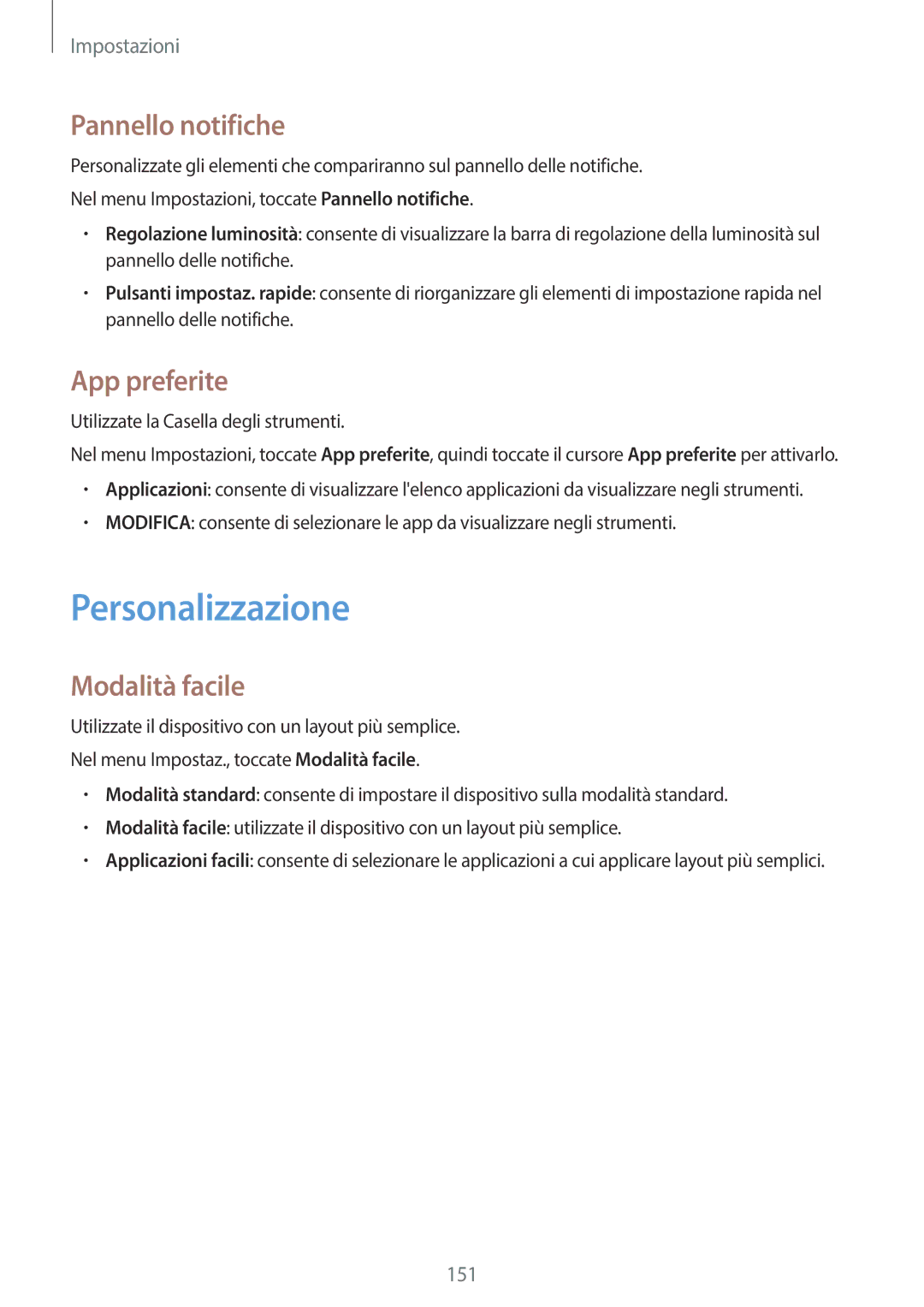 Samsung SM-G800FZWATIM, SM-G800FZWADBT manual Personalizzazione, Pannello notifiche, App preferite, Modalità facile 