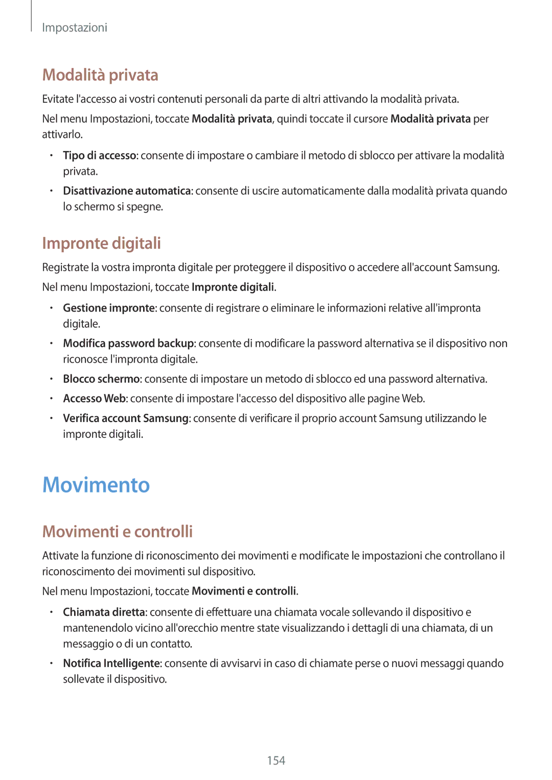 Samsung SM-G800FZKAXEH, SM-G800FZWADBT manual Movimento, Modalità privata, Impronte digitali, Movimenti e controlli 