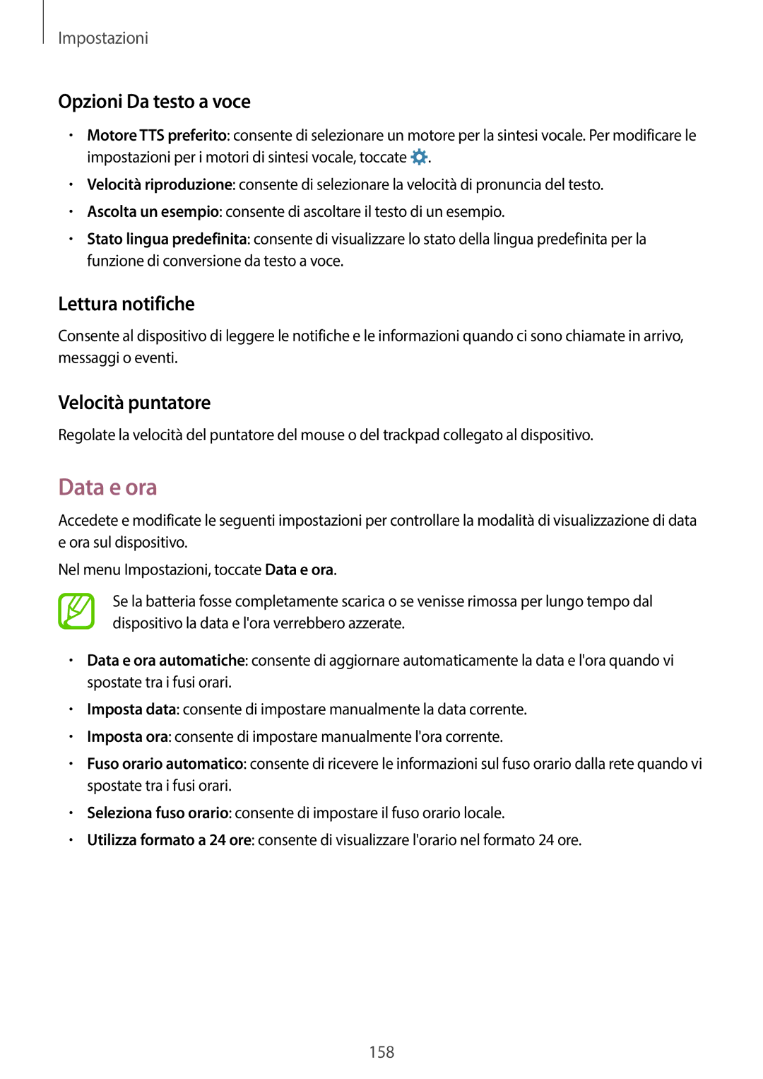 Samsung SM-G800FZWASWC, SM-G800FZWADBT manual Data e ora, Opzioni Da testo a voce, Lettura notifiche, Velocità puntatore 