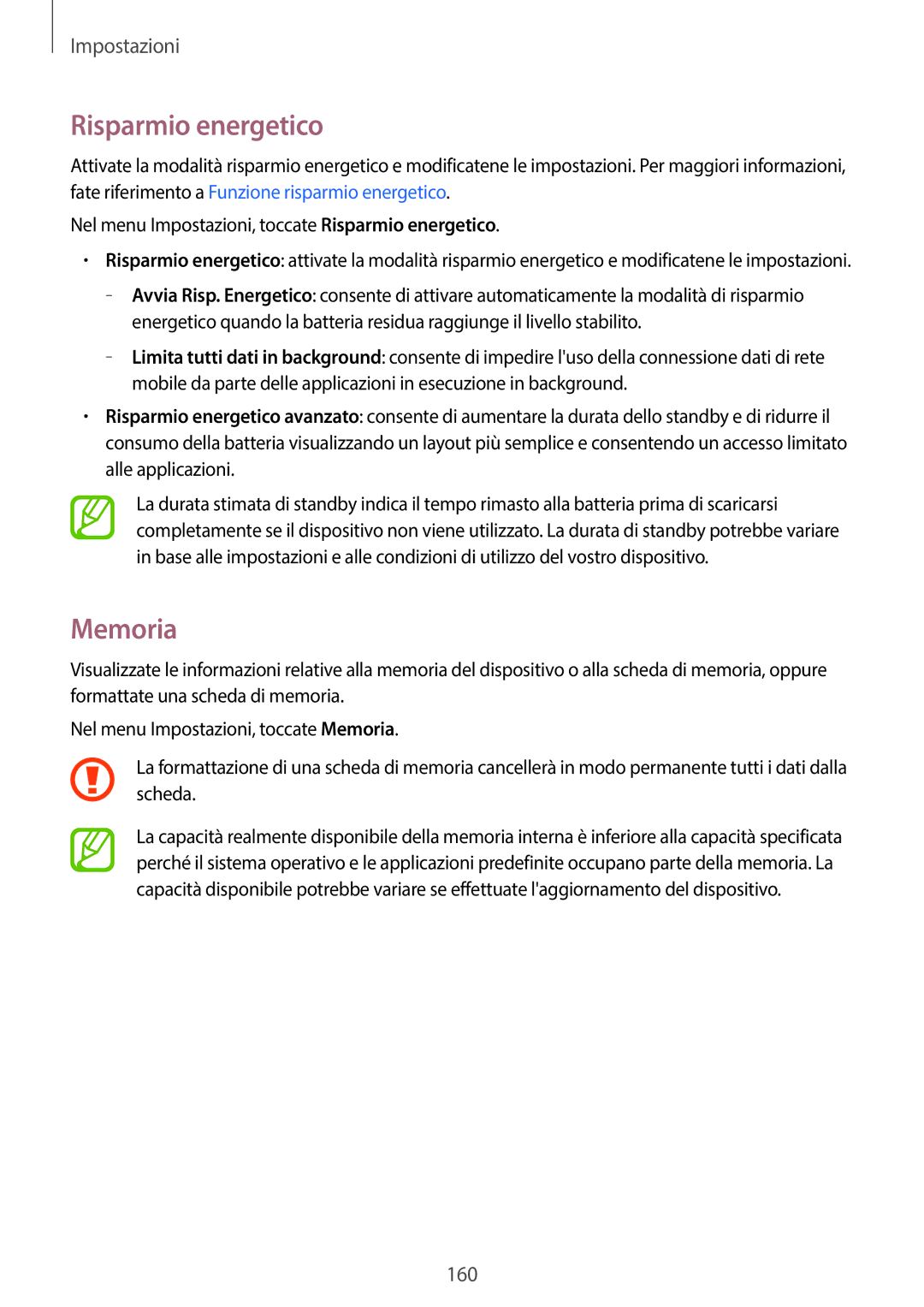 Samsung SM-G800FZKAHUI, SM-G800FZWADBT, SM-G800FZDADBT, SM-G800FZKADBT, SM-G800FZBADBT manual Risparmio energetico, Memoria 