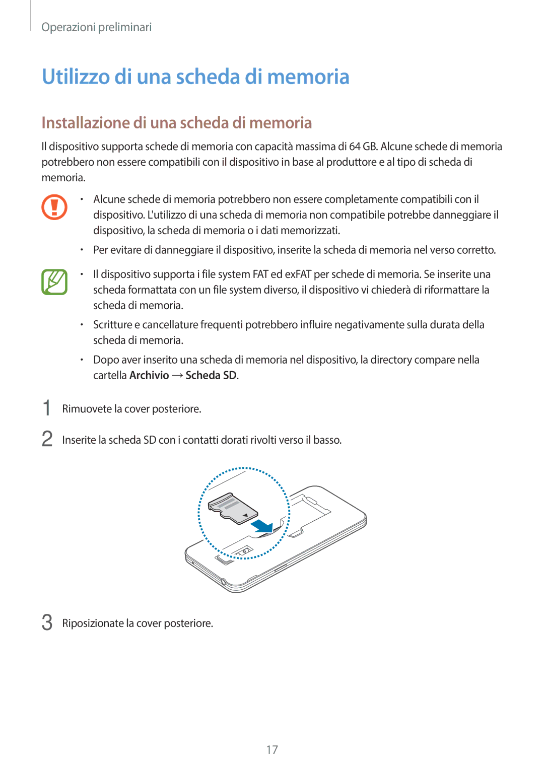 Samsung SM-G800FZWAAUT, SM-G800FZWADBT manual Utilizzo di una scheda di memoria, Installazione di una scheda di memoria 