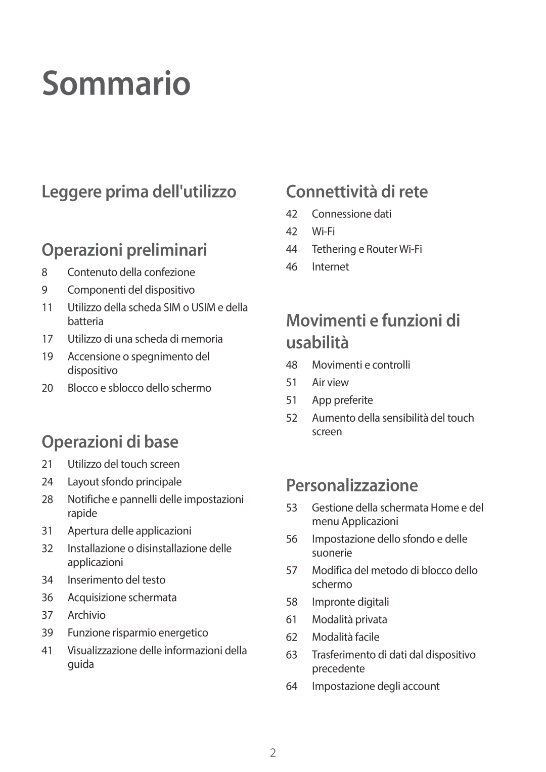 Samsung SM-G800FZKADBT, SM-G800FZWADBT, SM-G800FZDADBT manual Sommario, Leggere prima dellutilizzo Operazioni preliminari 