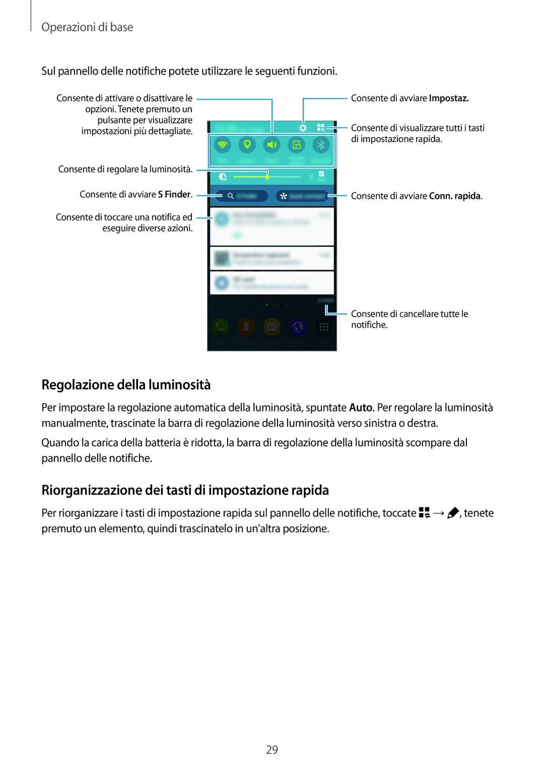 Samsung SM-G800FZKAPRO, SM-G800FZWADBT Regolazione della luminosità, Riorganizzazione dei tasti di impostazione rapida 