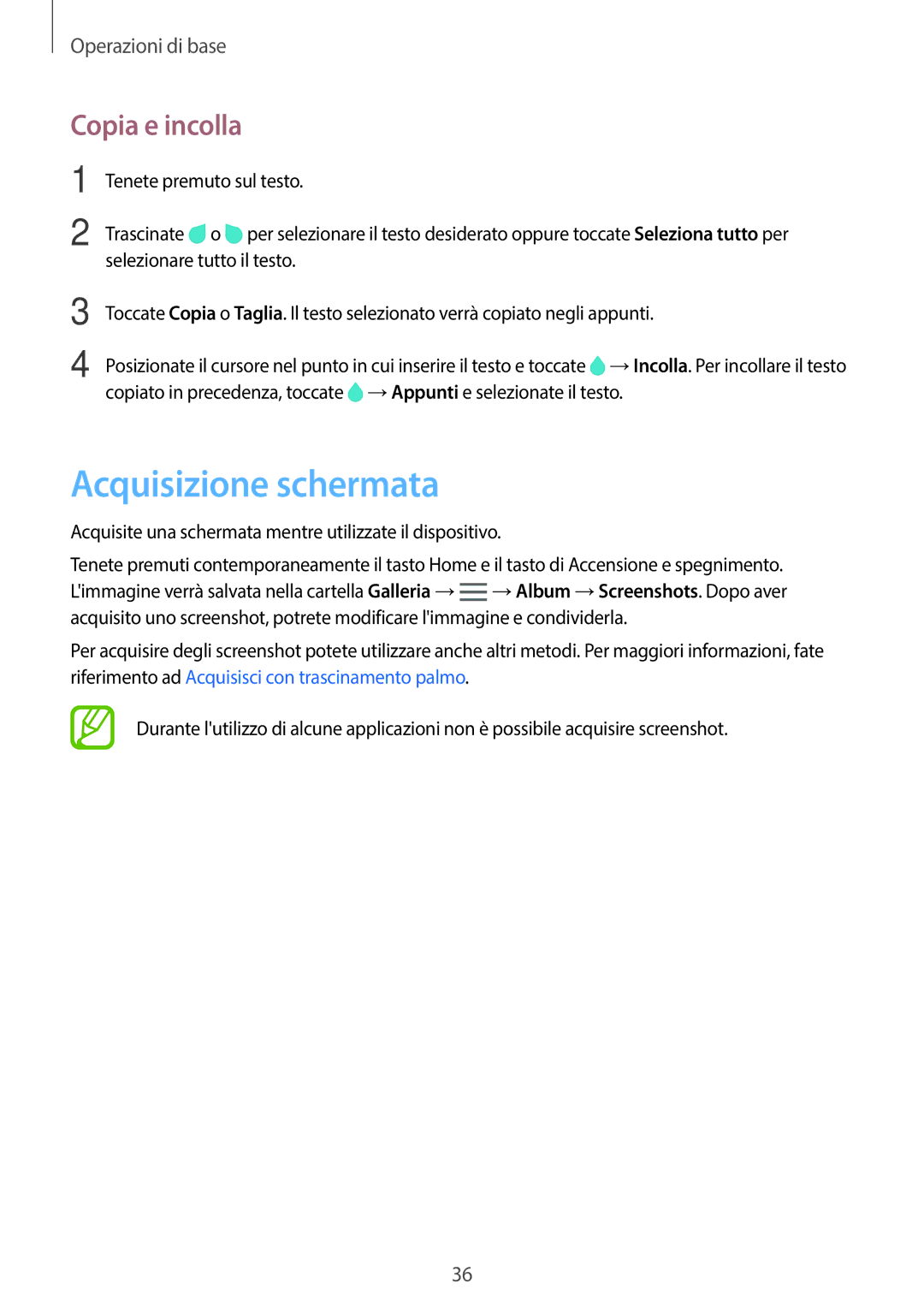 Samsung SM-G800FZKAITV, SM-G800FZWADBT, SM-G800FZDADBT, SM-G800FZKADBT manual Acquisizione schermata, Copia e incolla 