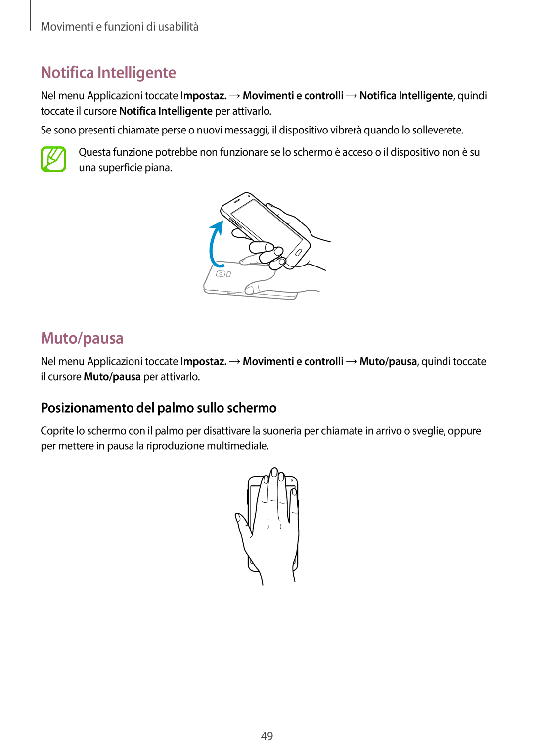 Samsung SM-G800FZKASWC, SM-G800FZWADBT manual Notifica Intelligente, Muto/pausa, Posizionamento del palmo sullo schermo 