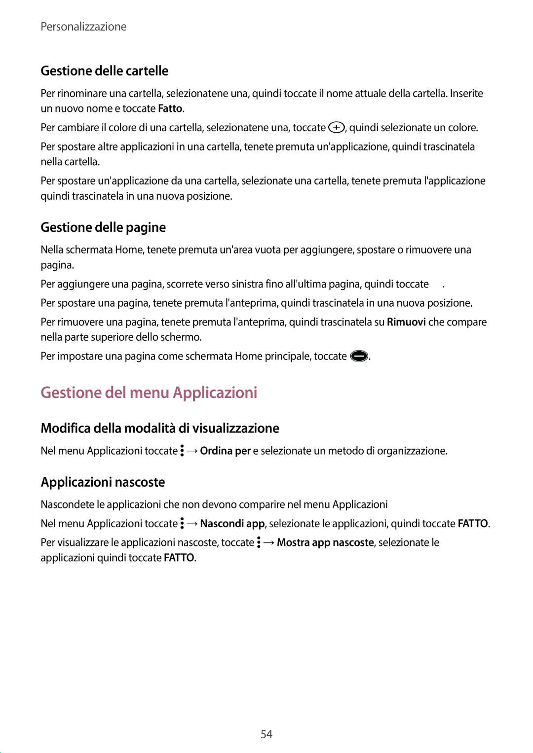 Samsung SM-G800FZBATIM, SM-G800FZWADBT manual Gestione del menu Applicazioni, Gestione delle cartelle, Gestione delle pagine 