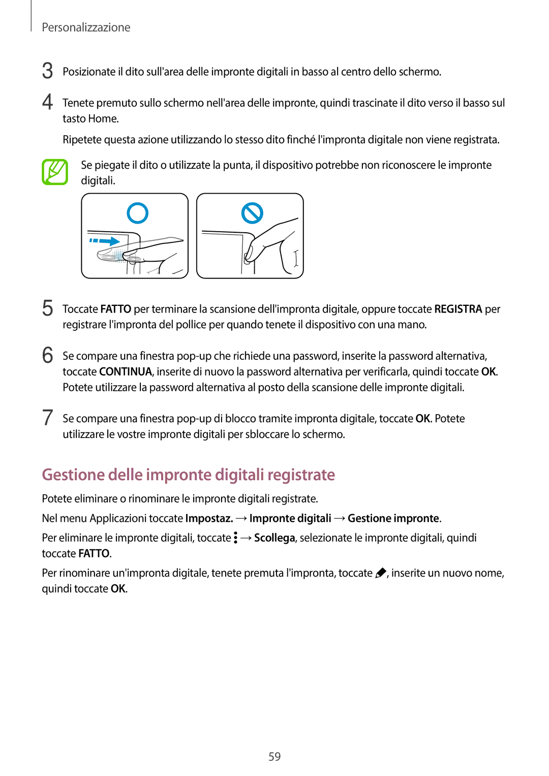 Samsung SM-G800FZWAAUT, SM-G800FZWADBT, SM-G800FZDADBT, SM-G800FZKADBT manual Gestione delle impronte digitali registrate 