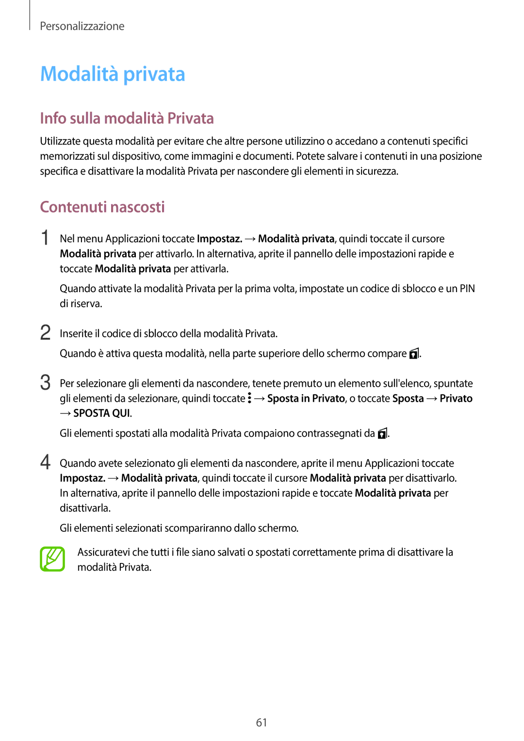 Samsung SM-G800FZDAITV, SM-G800FZWADBT, SM-G800FZDADBT Modalità privata, Info sulla modalità Privata, Contenuti nascosti 