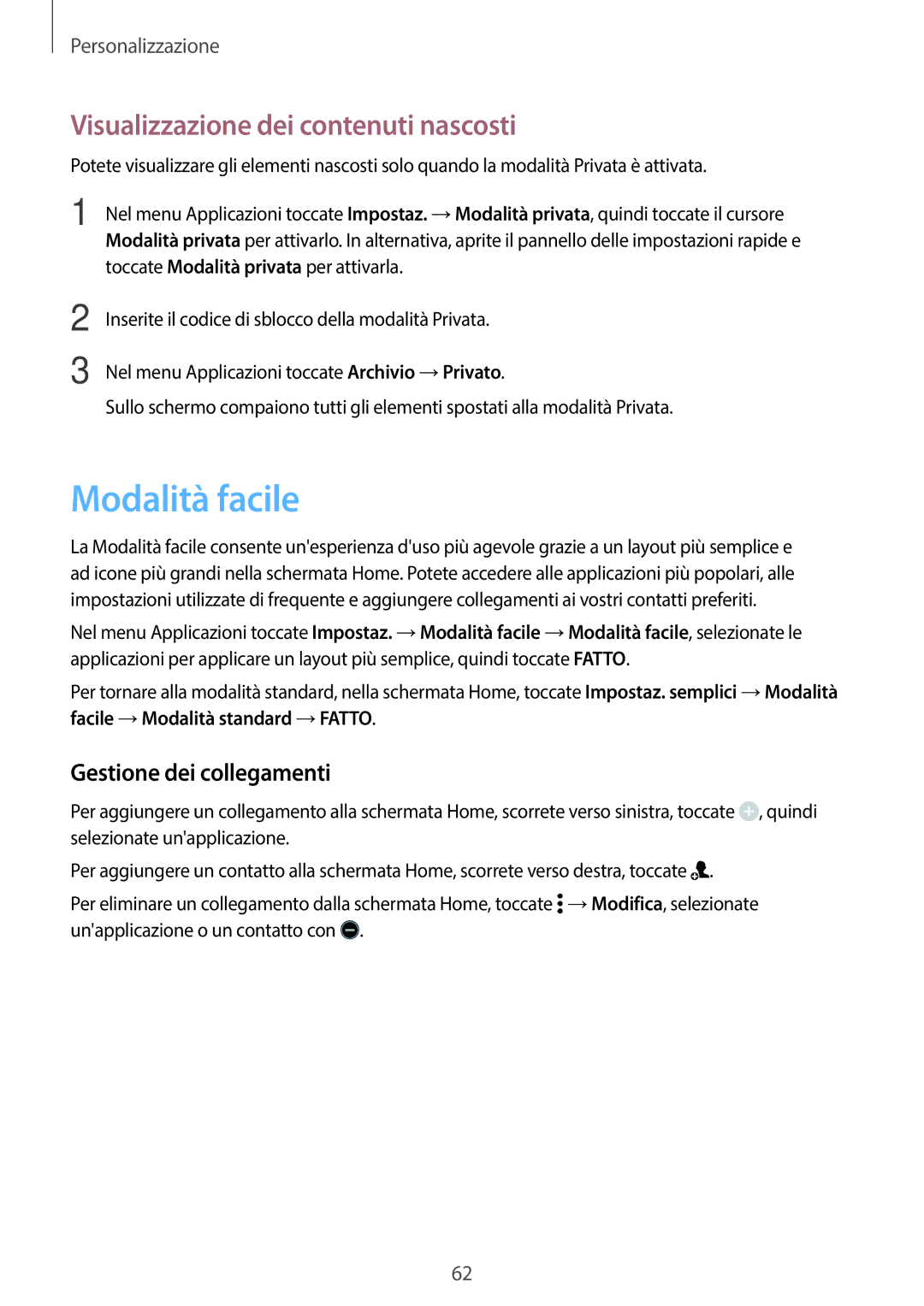 Samsung SM-G800FZBAITV, SM-G800FZWADBT Modalità facile, Visualizzazione dei contenuti nascosti, Gestione dei collegamenti 