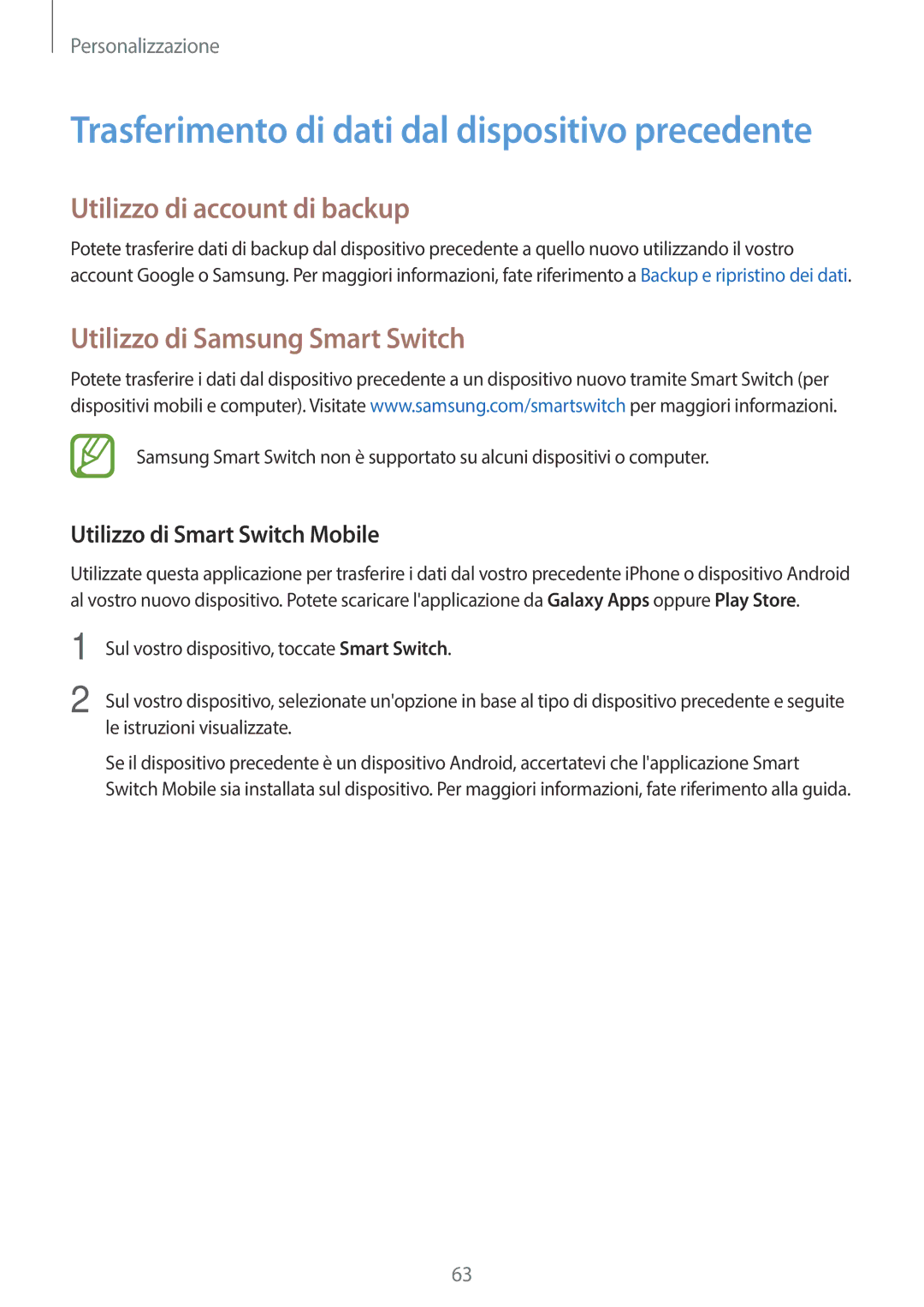 Samsung SM-G800FZKAVD2 Utilizzo di account di backup, Utilizzo di Samsung Smart Switch, Utilizzo di Smart Switch Mobile 