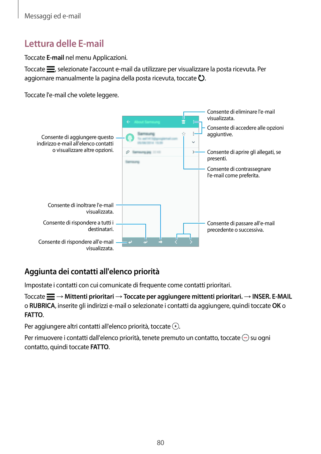 Samsung SM-G800FZWAXEO, SM-G800FZWADBT, SM-G800FZDADBT, SM-G800FZKADBT manual Lettura delle E-mail, Visualizzare altre opzioni 