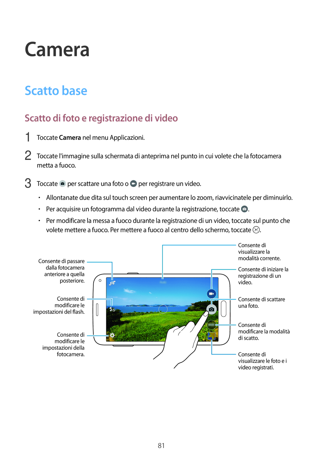 Samsung SM-G800FZKADTM, SM-G800FZWADBT, SM-G800FZDADBT manual Camera, Scatto base, Scatto di foto e registrazione di video 