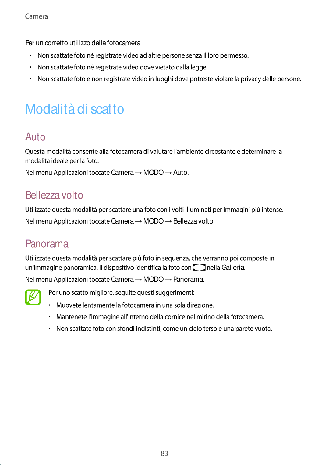 Samsung SM-G800FZBAHUI manual Modalità di scatto, Auto, Bellezza volto, Panorama, Per un corretto utilizzo della fotocamera 