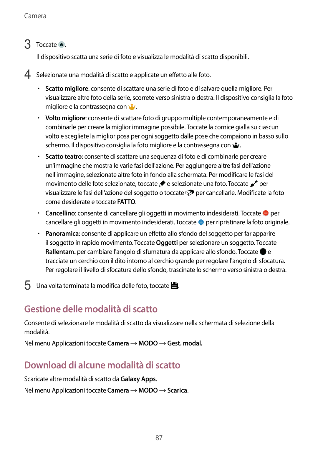 Samsung SM-G800FZBADBT, SM-G800FZWADBT manual Gestione delle modalità di scatto, Download di alcune modalità di scatto 