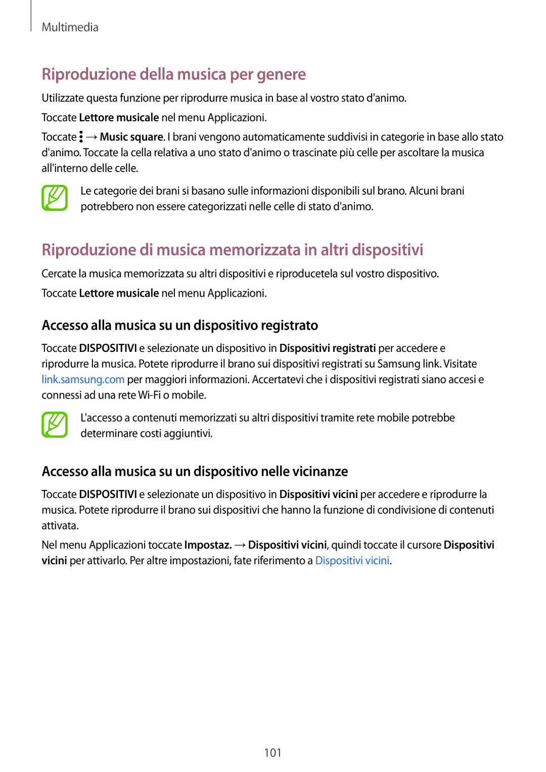 Samsung SM-G800FZWAAUT manual Riproduzione della musica per genere, Riproduzione di musica memorizzata in altri dispositivi 