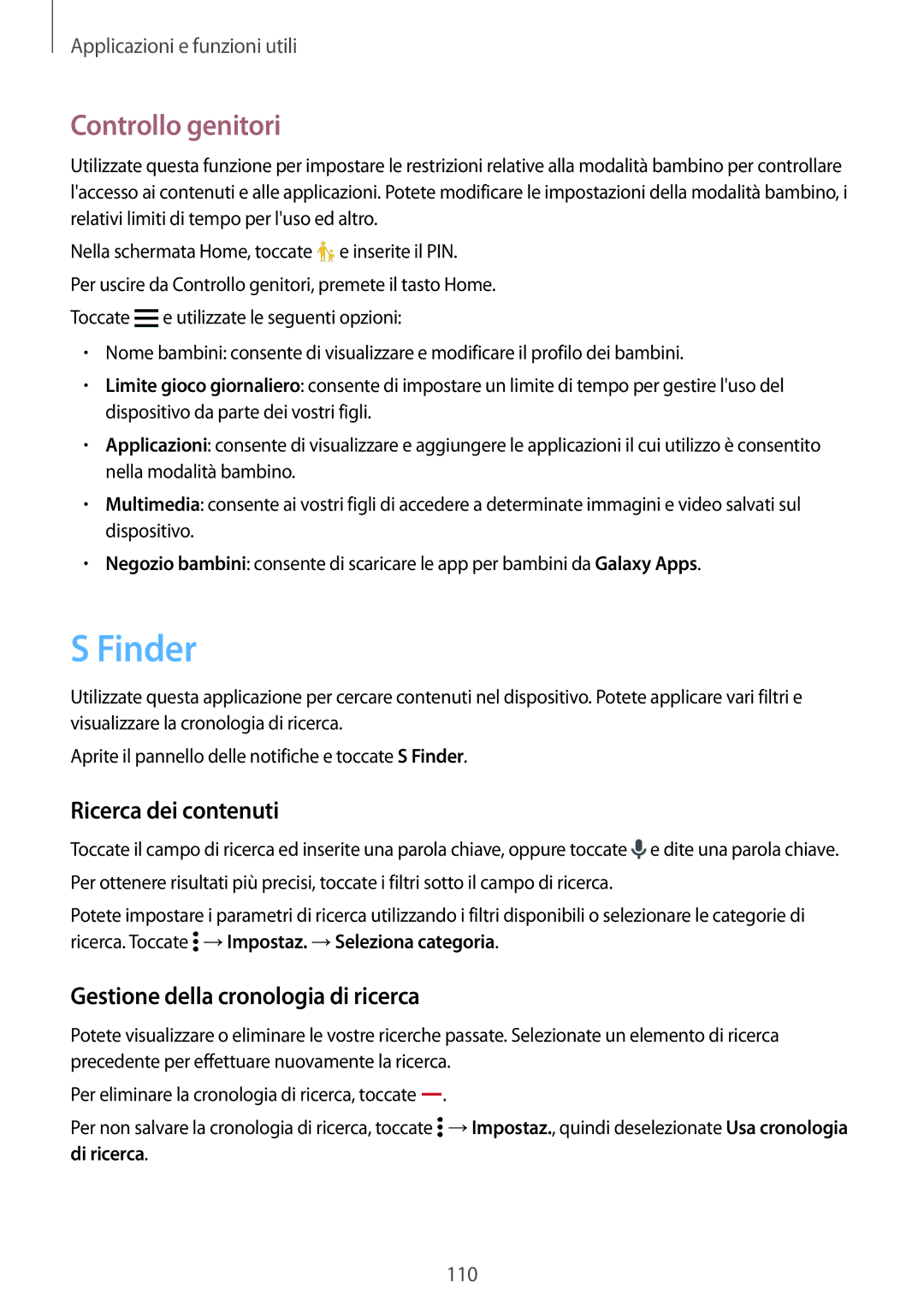 Samsung SM-G800FZWAROM manual Finder, Controllo genitori, Ricerca dei contenuti, Gestione della cronologia di ricerca 