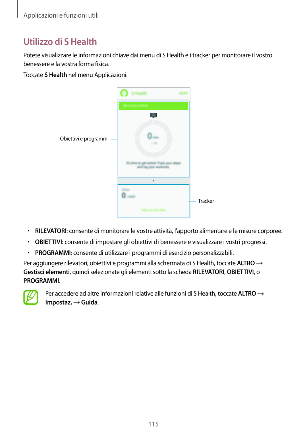 Samsung SM-G800FZWAWIN, SM-G800FZWADBT, SM-G800FZDADBT, SM-G800FZKADBT, SM-G800FZBADBT manual Utilizzo di S Health, Programmi 