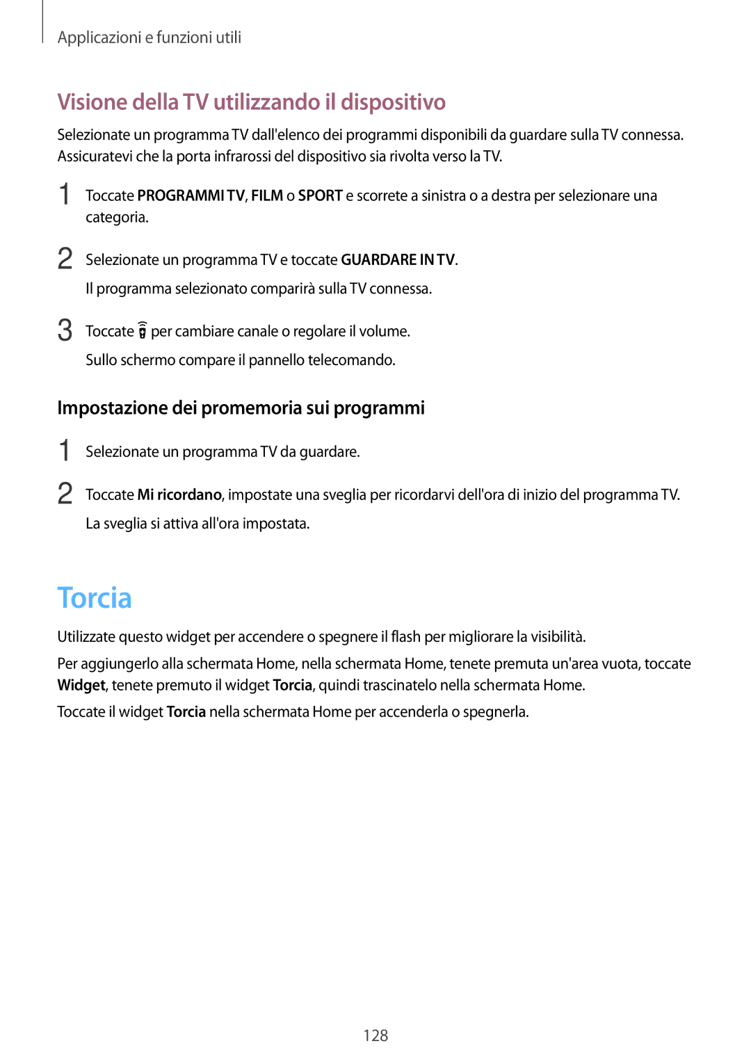 Samsung SM-G800FZKADBT Torcia, Visione della TV utilizzando il dispositivo, Impostazione dei promemoria sui programmi 