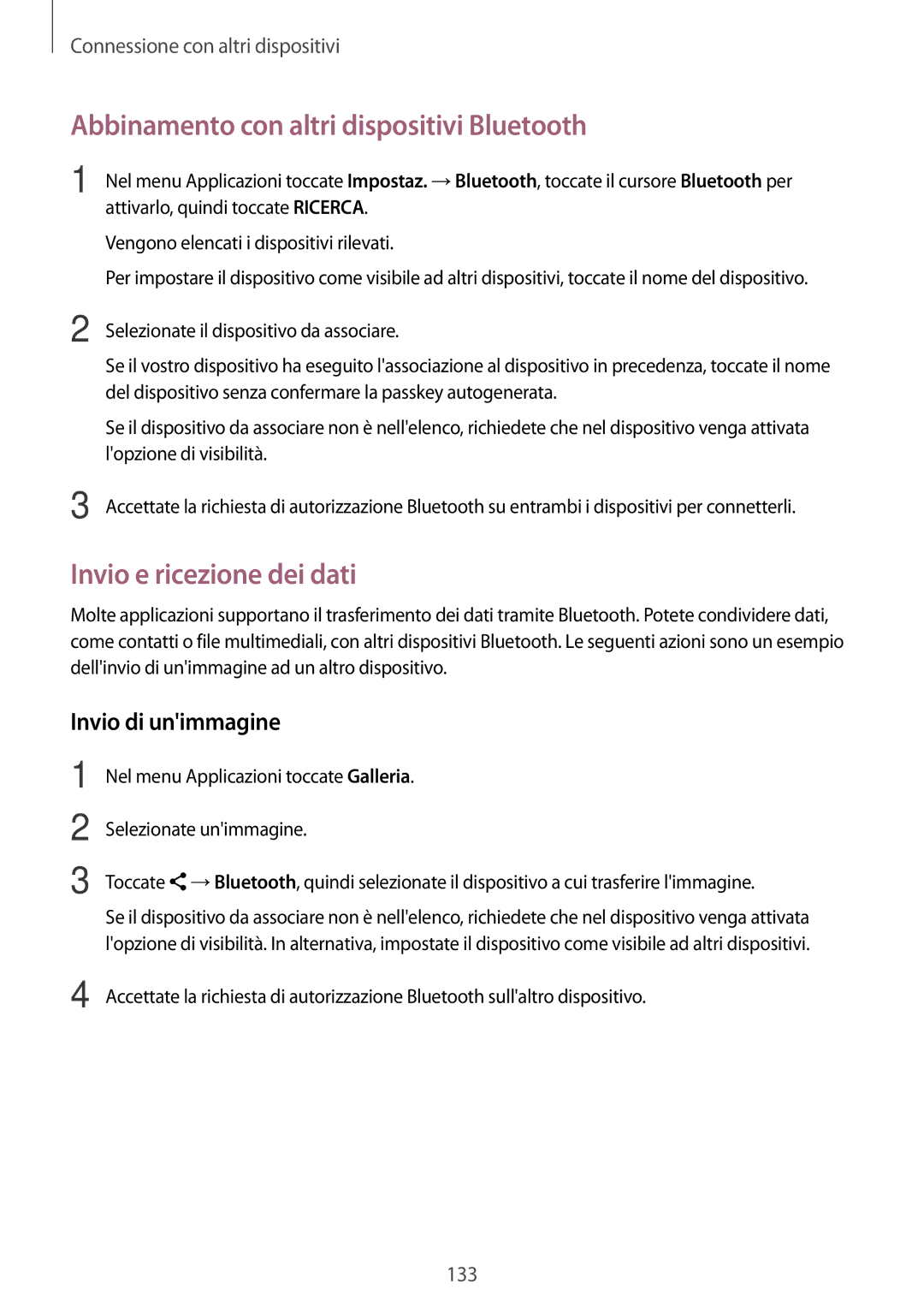 Samsung SM-G800FZKASWC manual Abbinamento con altri dispositivi Bluetooth, Invio e ricezione dei dati, Invio di unimmagine 