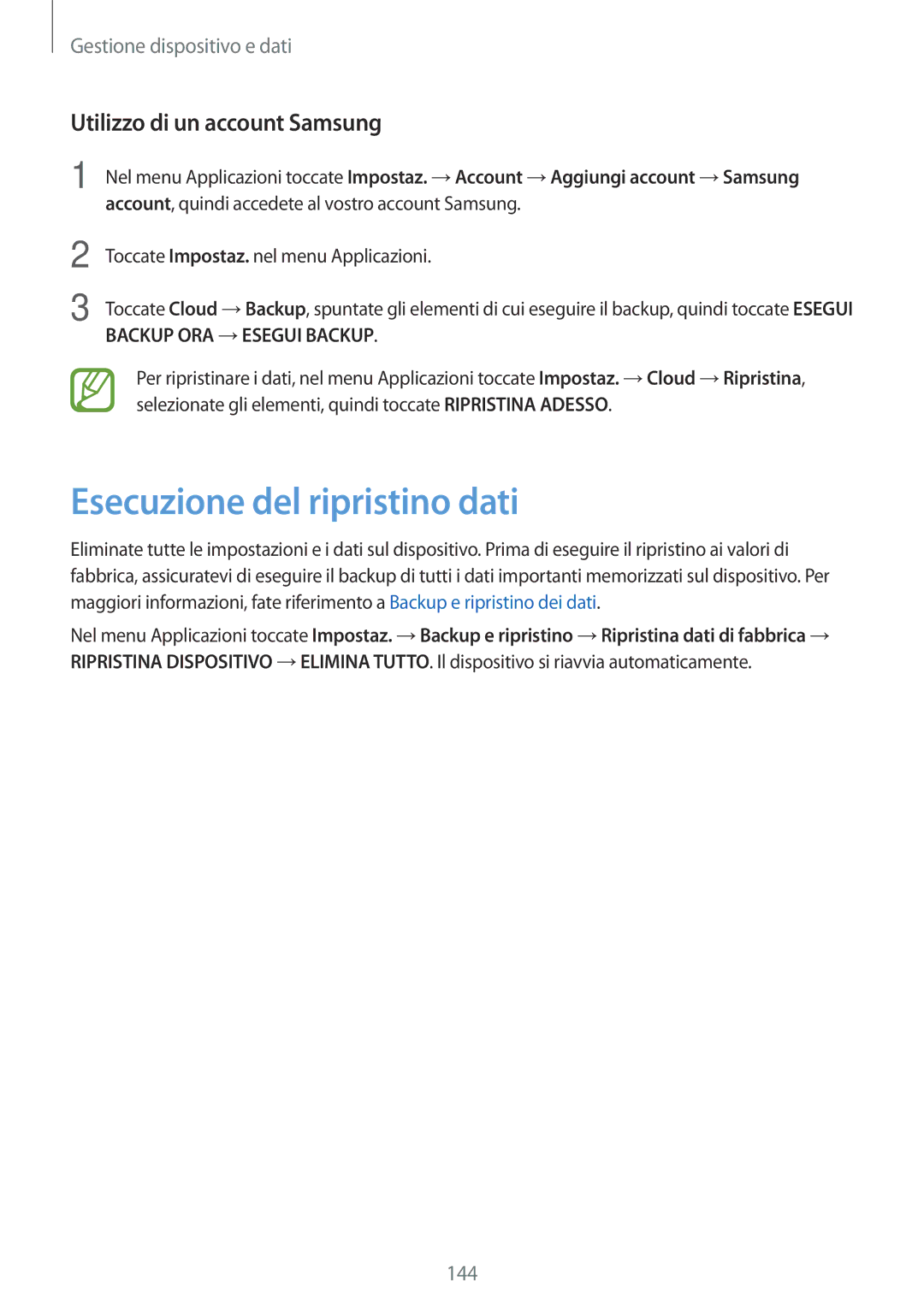 Samsung SM-G800FZDAXEO, SM-G800FZWADBT, SM-G800FZDADBT manual Esecuzione del ripristino dati, Utilizzo di un account Samsung 