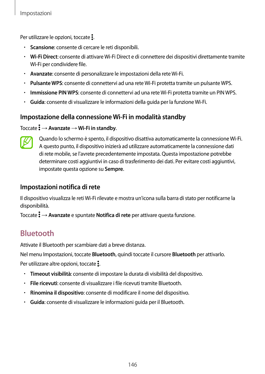 Samsung SM-G800FZBAITV Bluetooth, Impostazione della connessione Wi-Fi in modalità standby, Impostazioni notifica di rete 