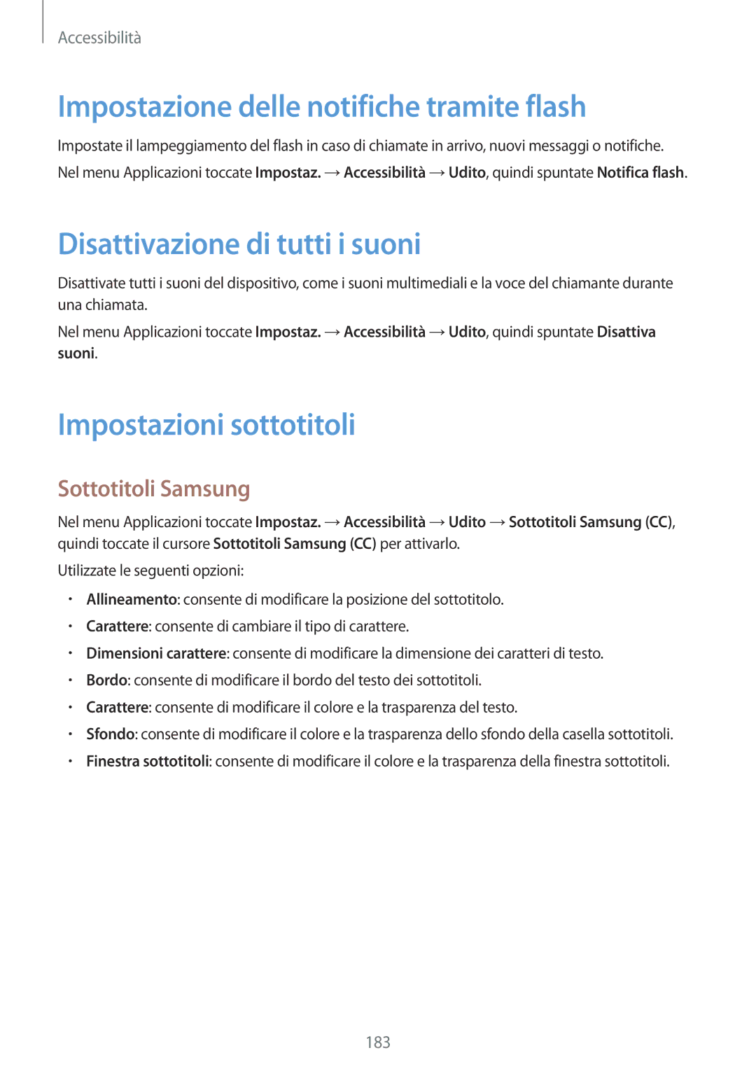 Samsung SM-G800FZDAROM Impostazione delle notifiche tramite flash, Disattivazione di tutti i suoni, Sottotitoli Samsung 