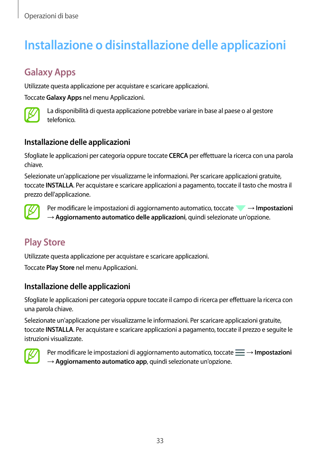 Samsung SM-G800FZKAROM, SM-G800FZWADBT, SM-G800FZDADBT manual Galaxy Apps, Play Store, Installazione delle applicazioni 