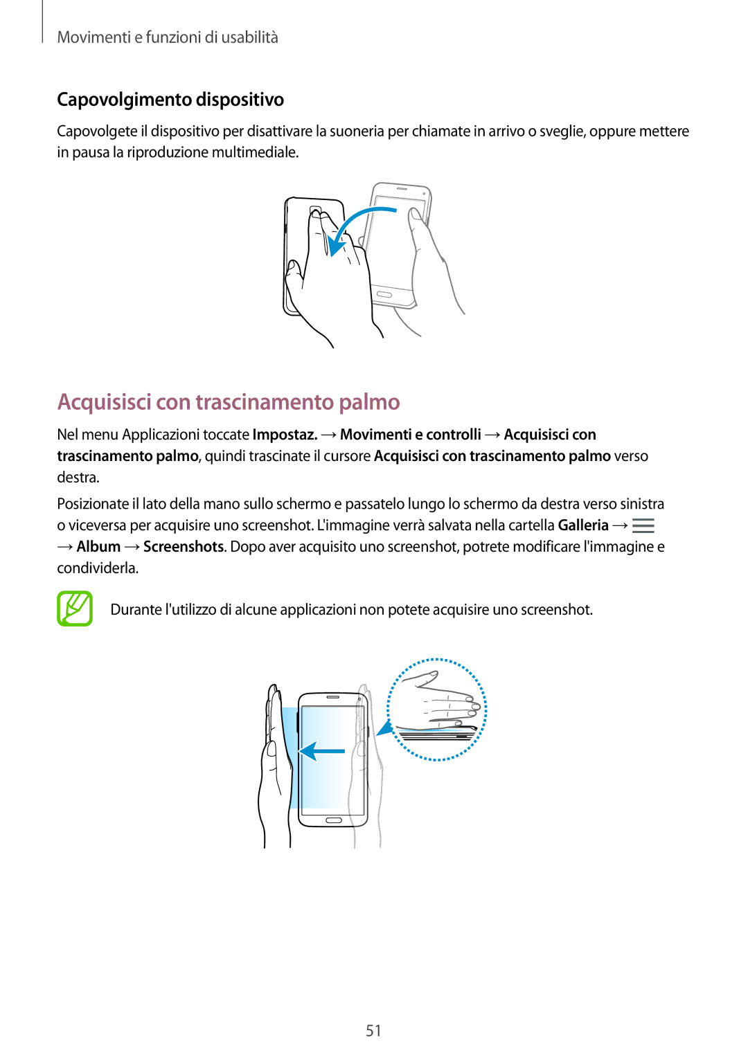 Samsung SM-G800FZWAITV, SM-G800FZWADBT, SM-G800FZDADBT manual Acquisisci con trascinamento palmo, Capovolgimento dispositivo 