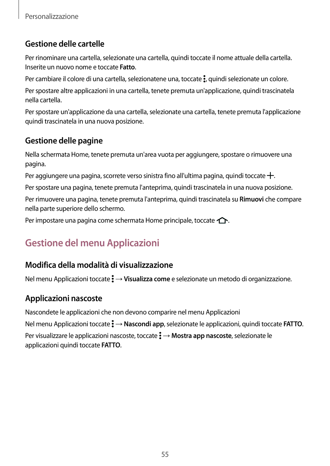Samsung SM-G800FZBAXEO, SM-G800FZWADBT manual Gestione del menu Applicazioni, Gestione delle cartelle, Gestione delle pagine 